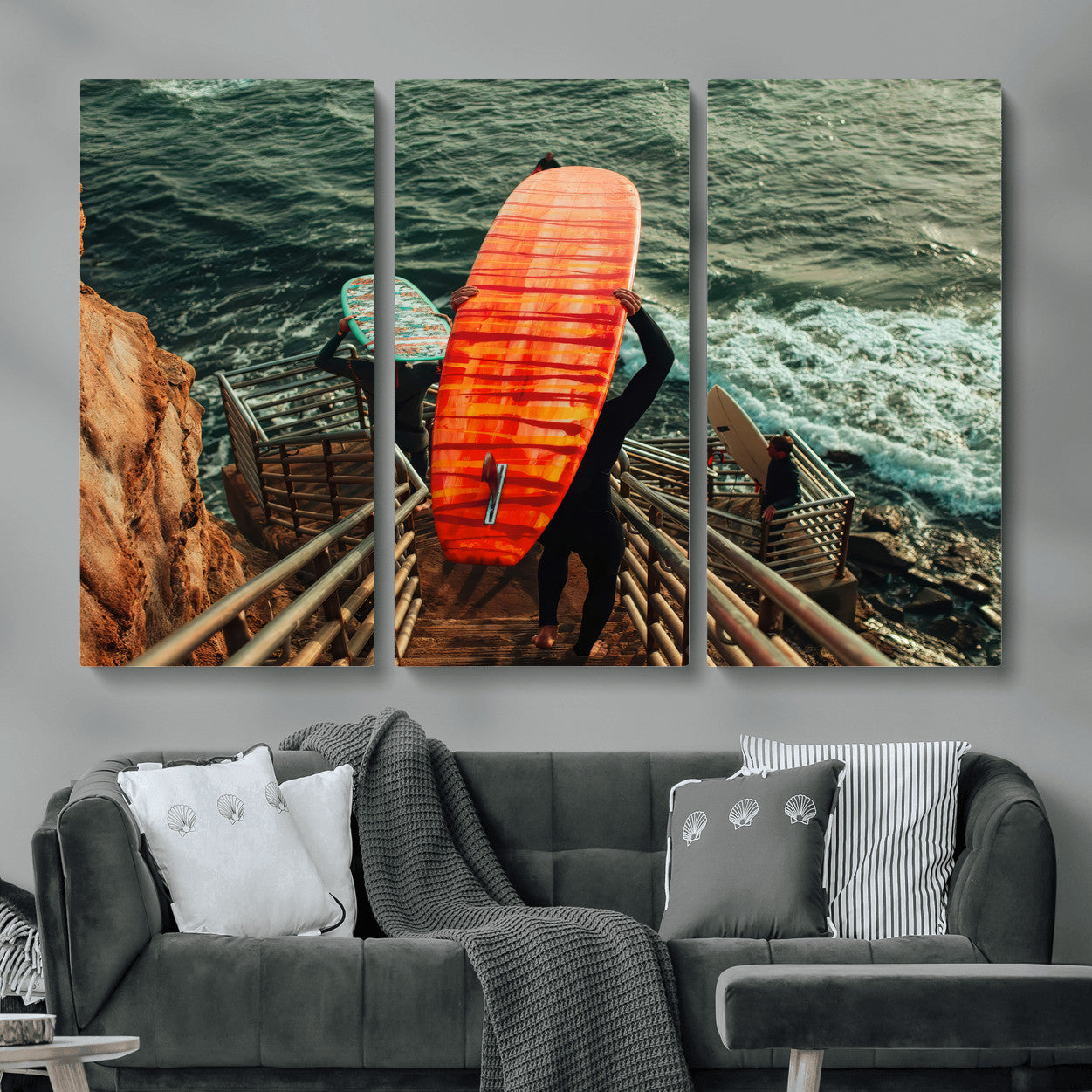 MGV-CV-48X32-3P - Surfer Stairway Wall Art Canvas Print, Framed Ocean Surf Art Picture Print, Sunset Coastal Perfect Coastal Adventure Decor Artwork