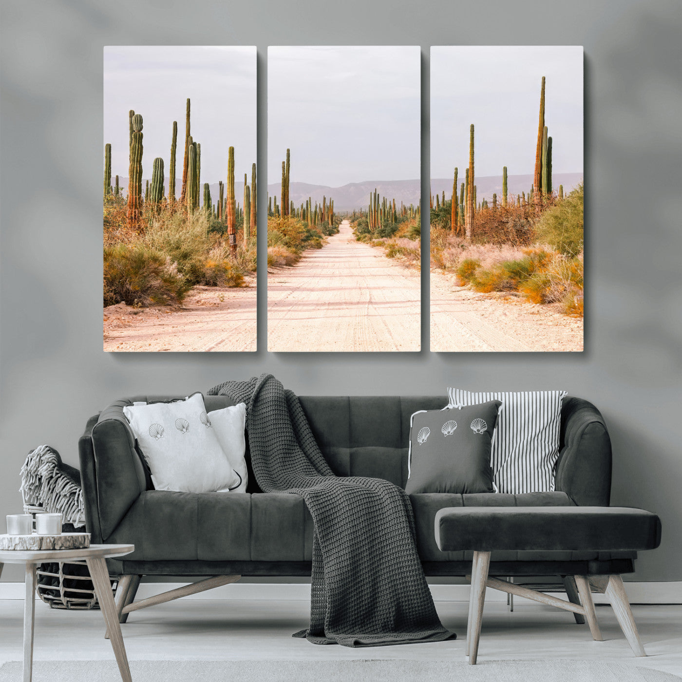 MGV-CV-48X32-3P - Desert Cactus Lined Road Wall Art Canvas Print, Framed Southwestern Landscape Art Picture Print, Bohemian Western Aesthetic Perfect Southwestern Boho Decor Artwork