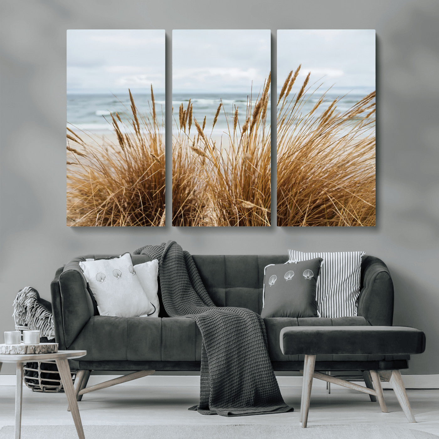 MGV-CV-48X32-3P - Beach Grass Wall Art Canvas Print, Framed Coastal Dunes Art Picture Print, Dune Grass Perfect Coastal Minimalist Decor Artwork