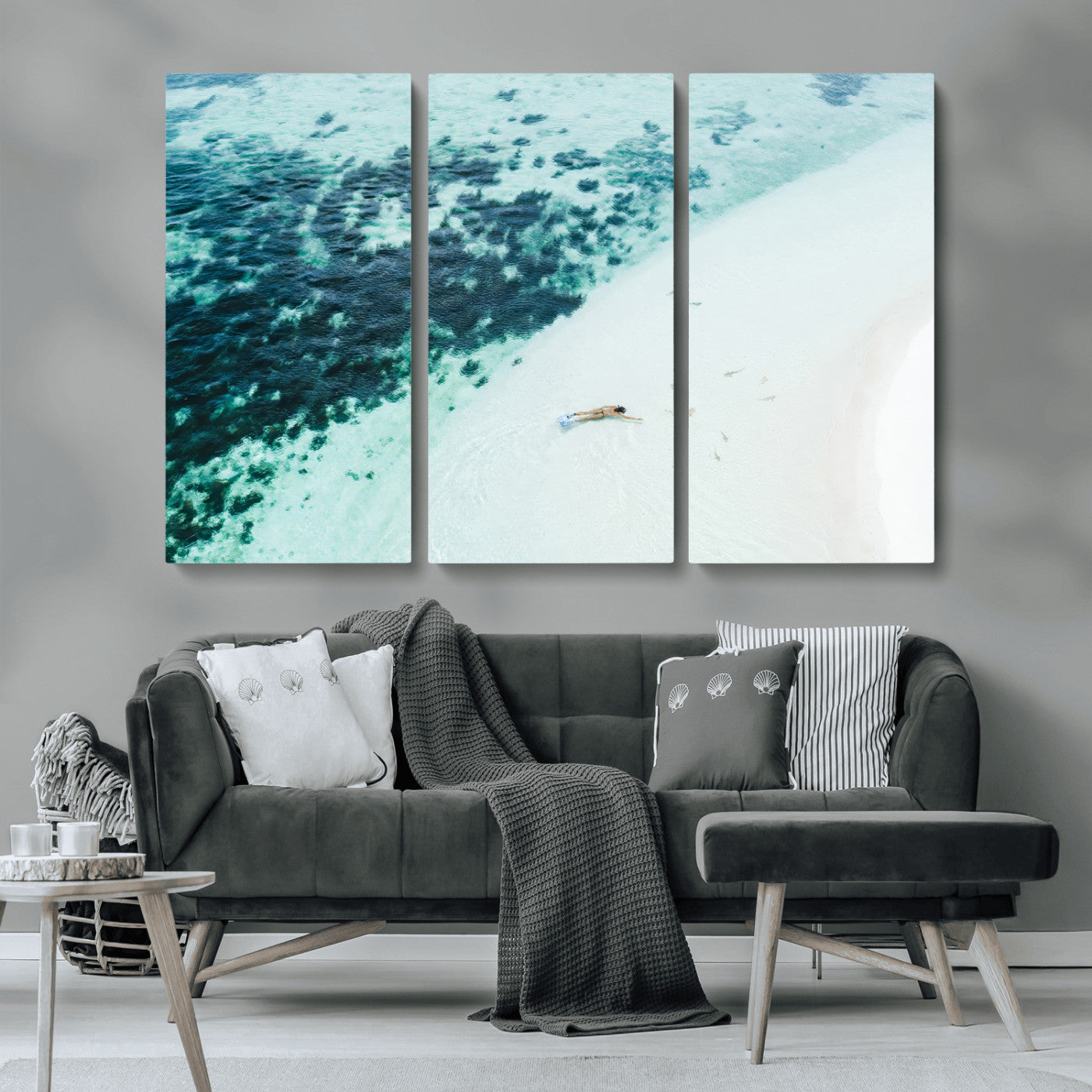 MGV-CV-48X32-3P - Minimal Beach Wall Art Canvas Print, Framed Ocean Swimming Art Picture Print, Clear Ocean Perfect Minimal Coastal Decor Artwork