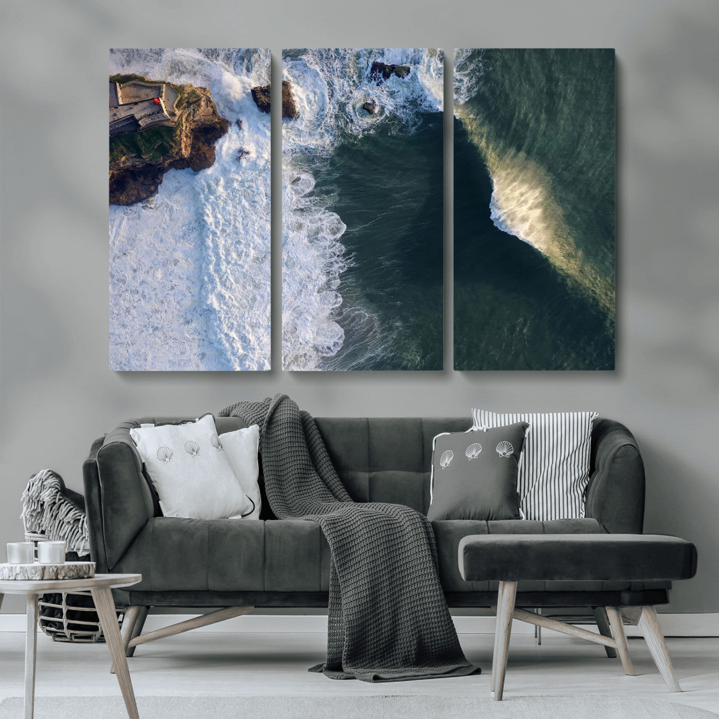 MGV-CV-48X32-3P - Nazaré Coast Wall Art Canvas Print, Framed Aerial Ocean Art Picture Print, Coastal Fortress Perfect Dramatic Coastal Decor Artwork