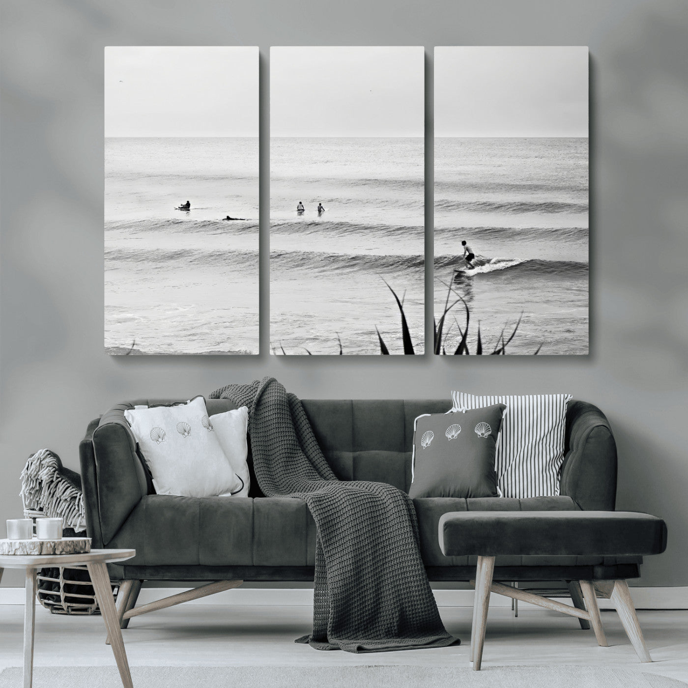 MGV-CV-48X32-3P - Surfer Silhouette Wall Art Canvas Print, Framed Calm Ocean Art Picture Print, Monochrome Surf Perfect Minimalist Coastal Decor Artwork