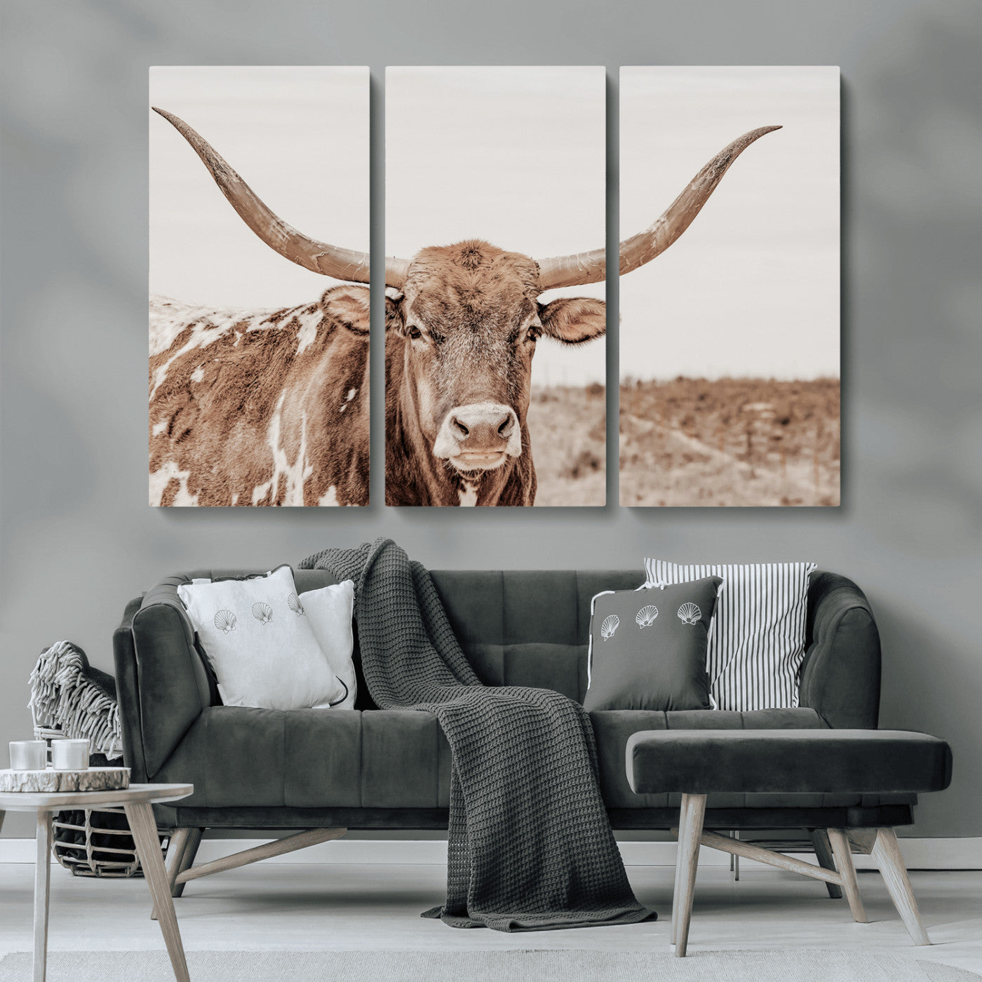 MGV-CV-48X32-3P - Longhorn Cow Wall Art Canvas Print, Framed Texas Ranch Art Picture Print, Western Bull Perfect County Decor Artwork