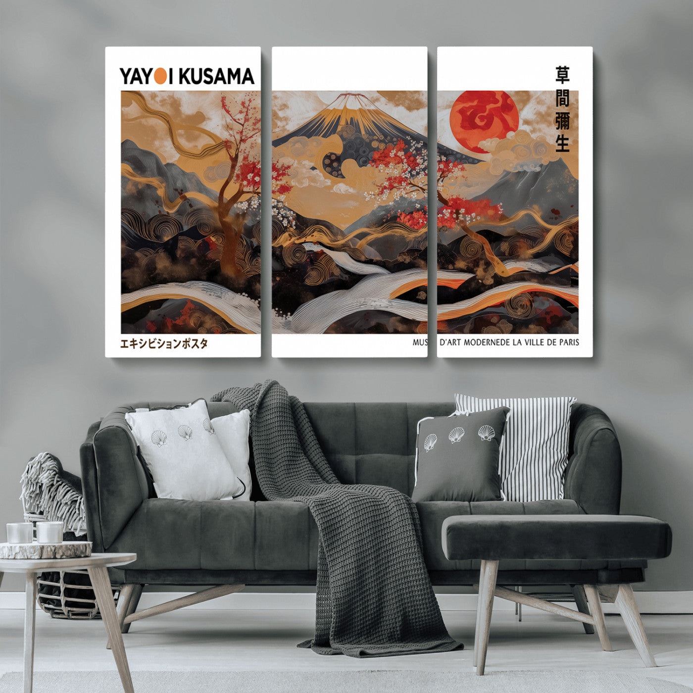 MGV-CV-48X32-3P - Modern Japanese Wall Art Print Yayoi Kusama Canvas Wall Art Abstract Mount Fuji Canvas Print