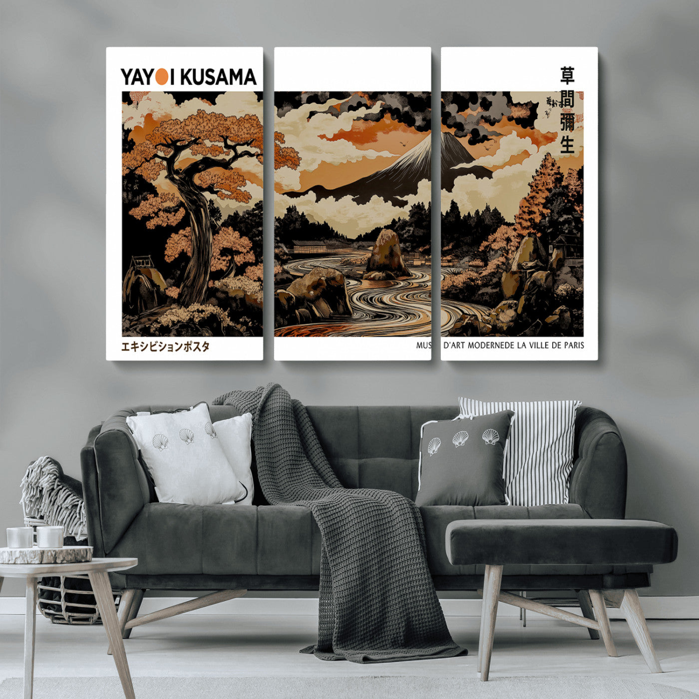 MGV-CV-48X32-3P - Modern Japanese Wall Art Print Yayoi Kusama Canvas Wall Art Abstract Mount Fuji Canvas Print