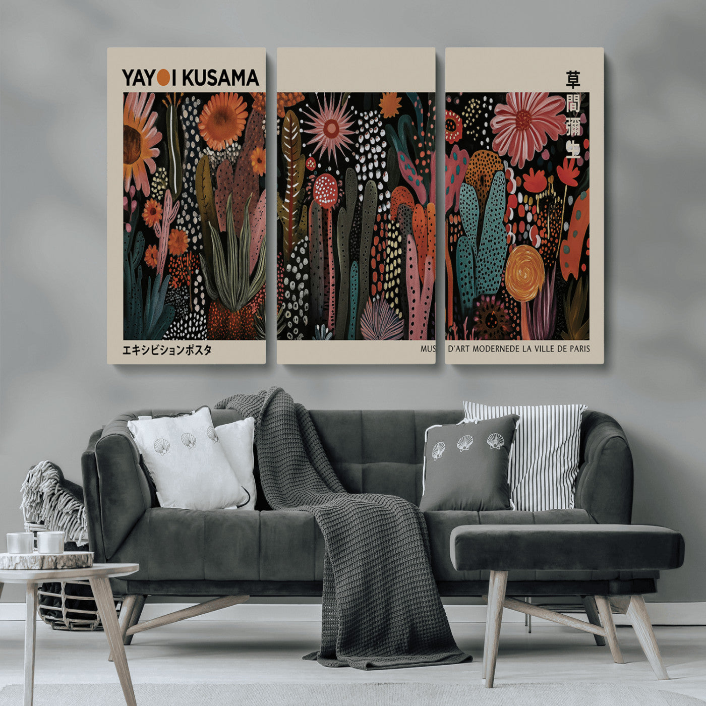 MGV-CV-48X32-3P - Modern Japanese Wall Art Print Yayoi Kusama Canvas Wall Art Abstract Mount Fuji Canvas Print