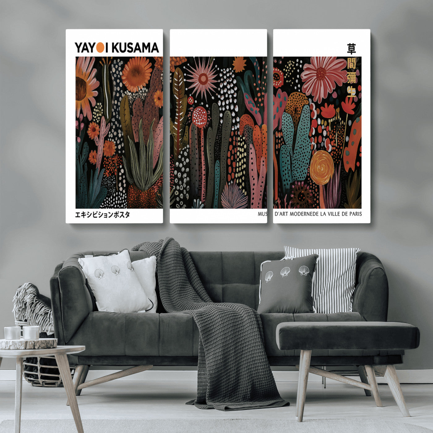 MGV-CV-48X32-3P - Modern Japanese Wall Art Print, Framed Yayoi Kusama Artwork, Abstract Mount Fuji Canvas Print,