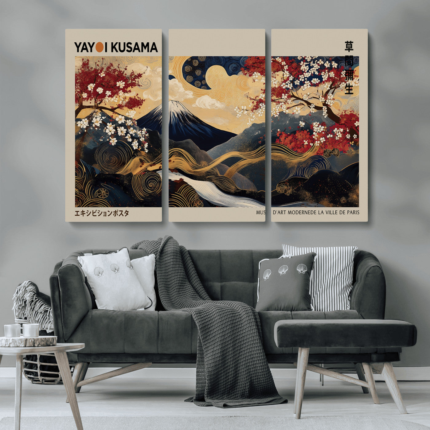 MGV-CV-48X32-3P - Modern Japanese Wall Art, Yayoi Kusama Japanese Print Wall Art, Abstract Mount Fuji Canvas Print,