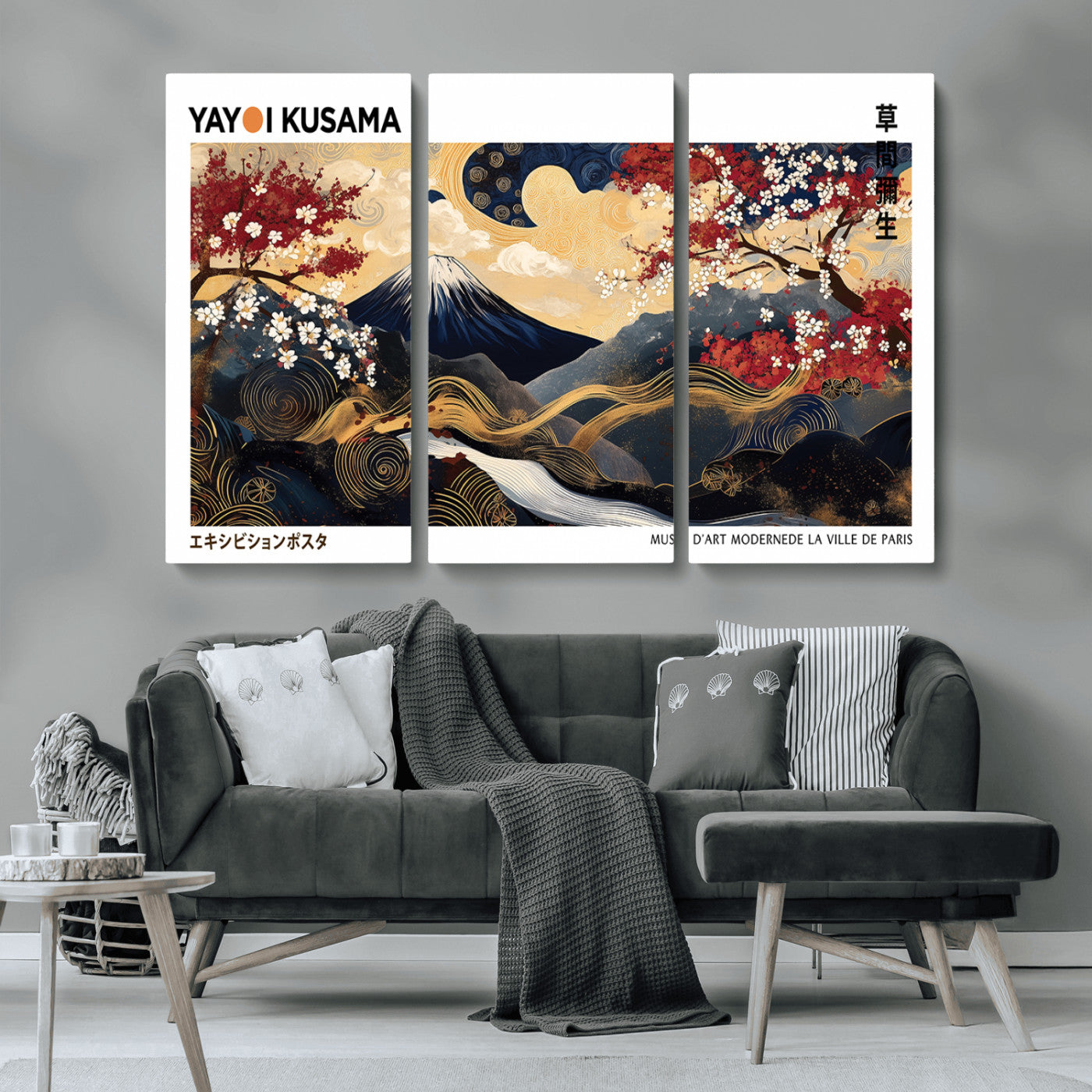 MGV-CV-48X32-3P - Modern Mount Fuji Print, Yayoi Kusama Canvas Wall Art, Abstract Mount Fuji Canvas Print, Japanese