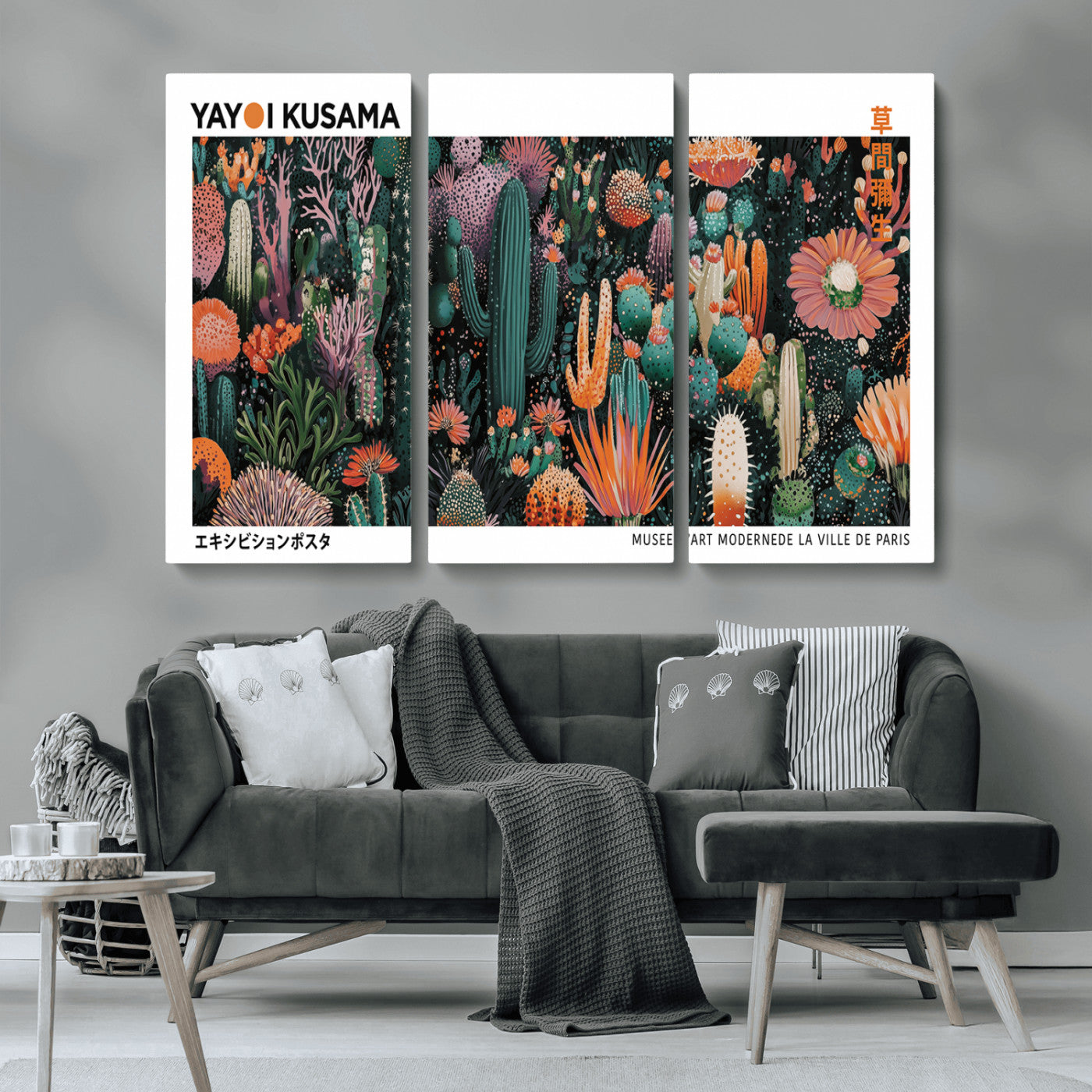 MGV-CV-48X32-3P - Modern Japanese Wall Art Print, Yayoi Kusama Print Wall Decor, Abstract Mount Fuji Canvas Print,