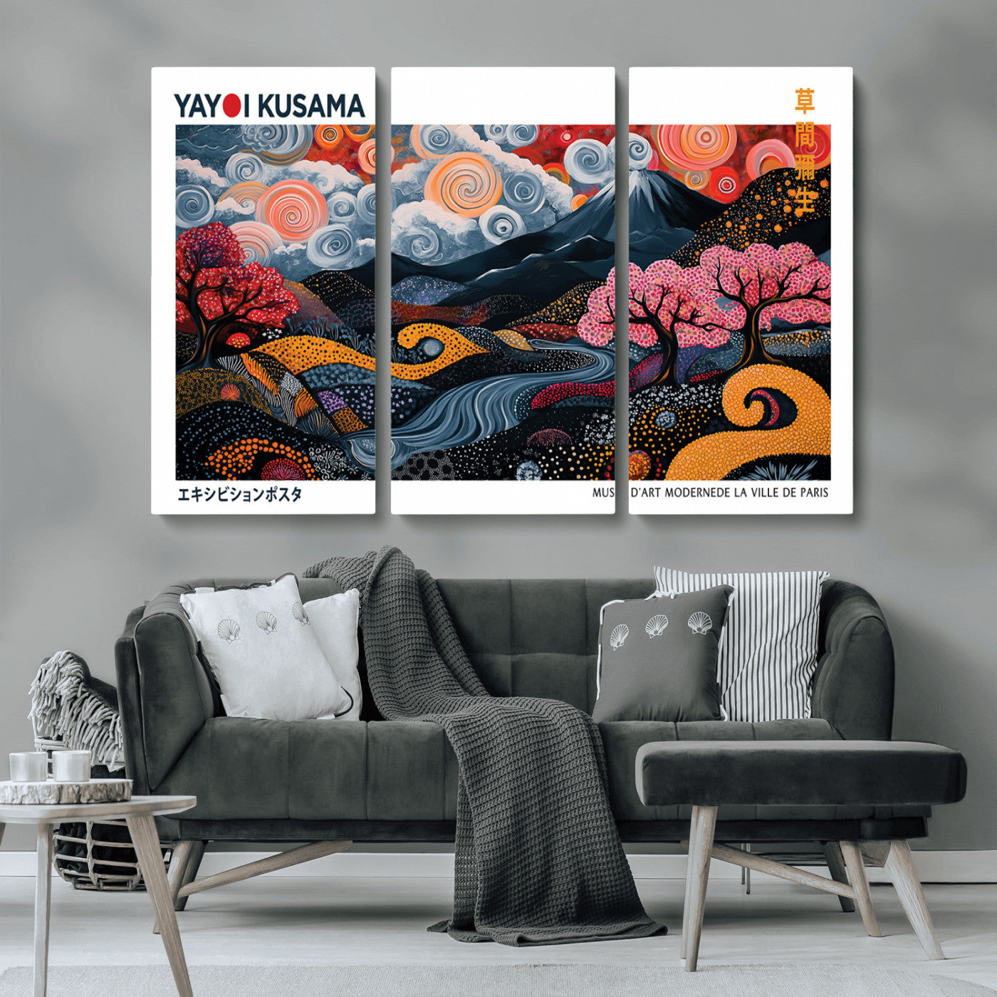 MGV-CV-48X32-3P - Modern Japanese Wall Art Print Yayoi Kusama Canvas Wall Art Abstract Mount Fuji Canvas Print