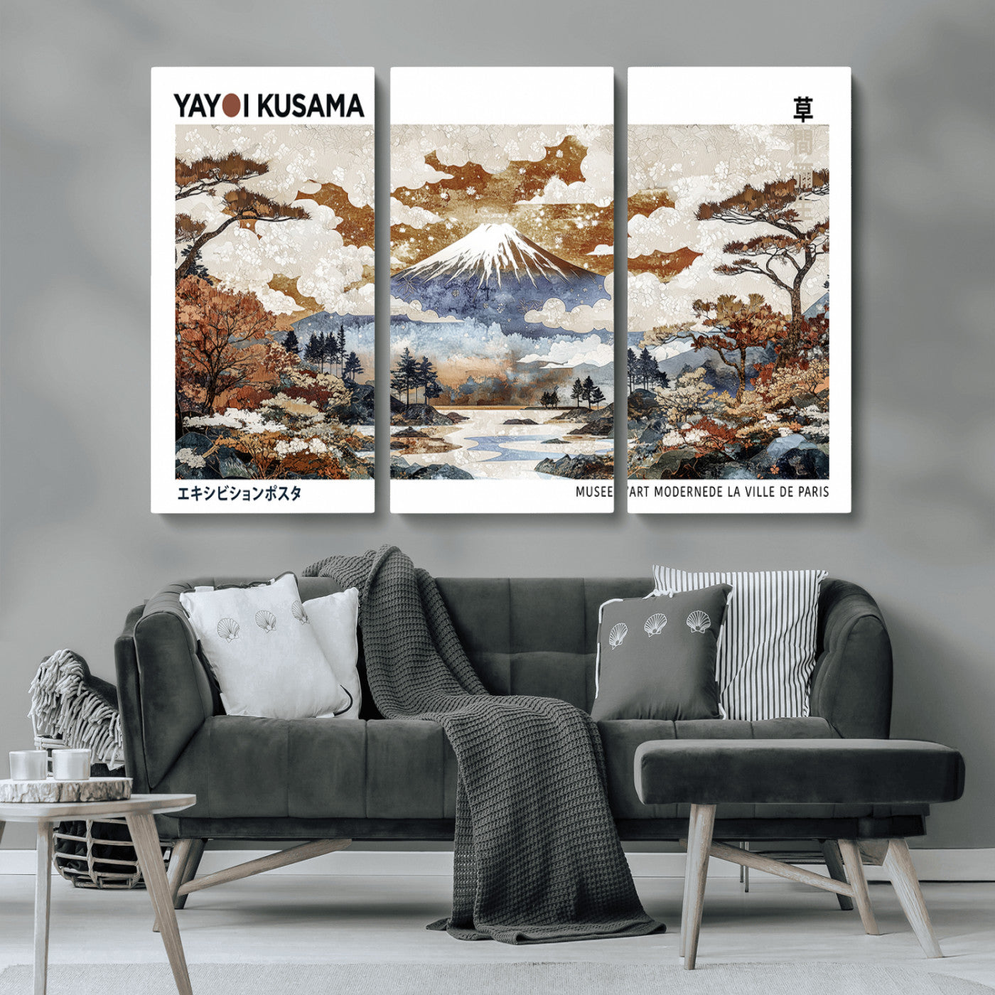 MGV-CV-48X32-3P - Modern Japanese Wall Art Print Yayoi Kusama Canvas Wall Art Abstract Mount Fuji Canvas Print