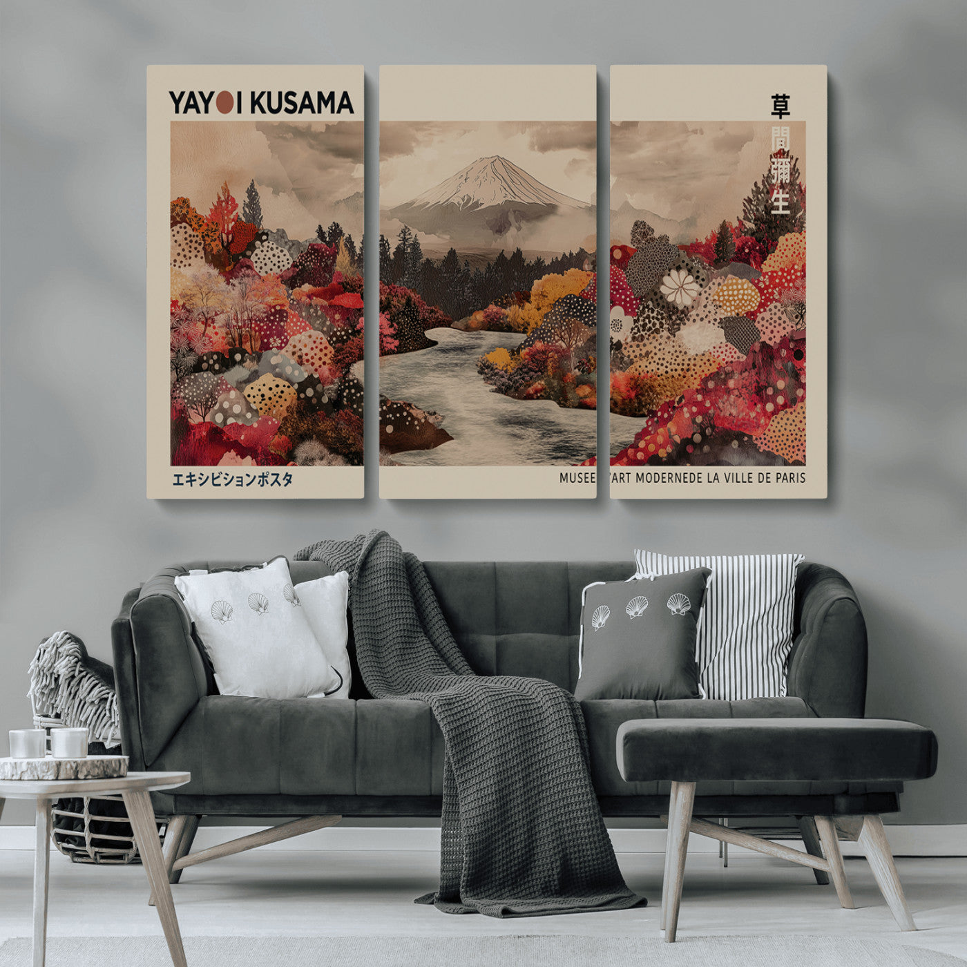 MGV-CV-48X32-3P - Modern Japanese Wall Art Print Yayoi Kusama Canvas Wall Art Abstract Mount Fuji Canvas Print