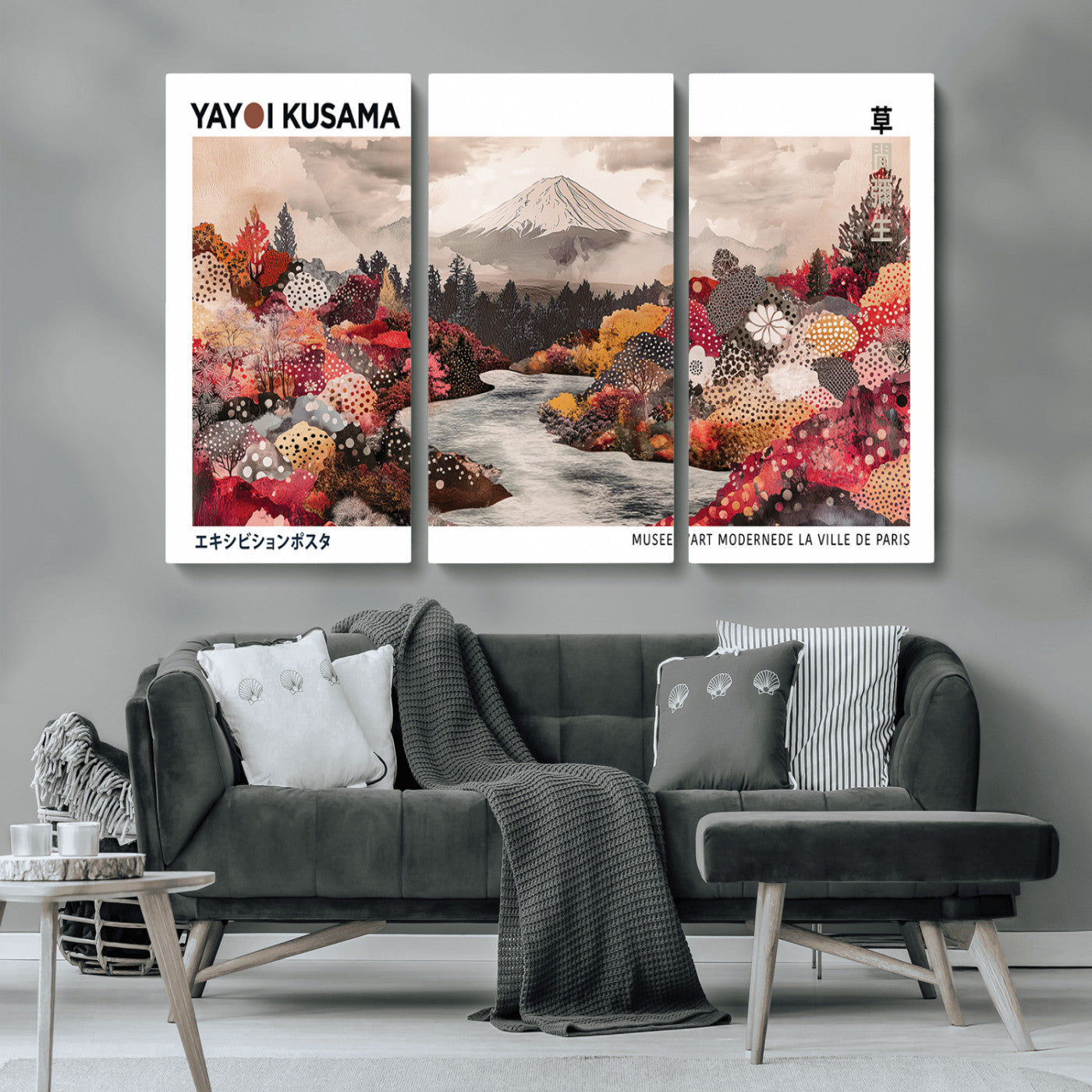 MGV-CV-48X32-3P - Modern Japanese Wall Art Print, Yayoi Kusama Canvas Wall Art, Abstract Mount Fuji Art Canvas Print,