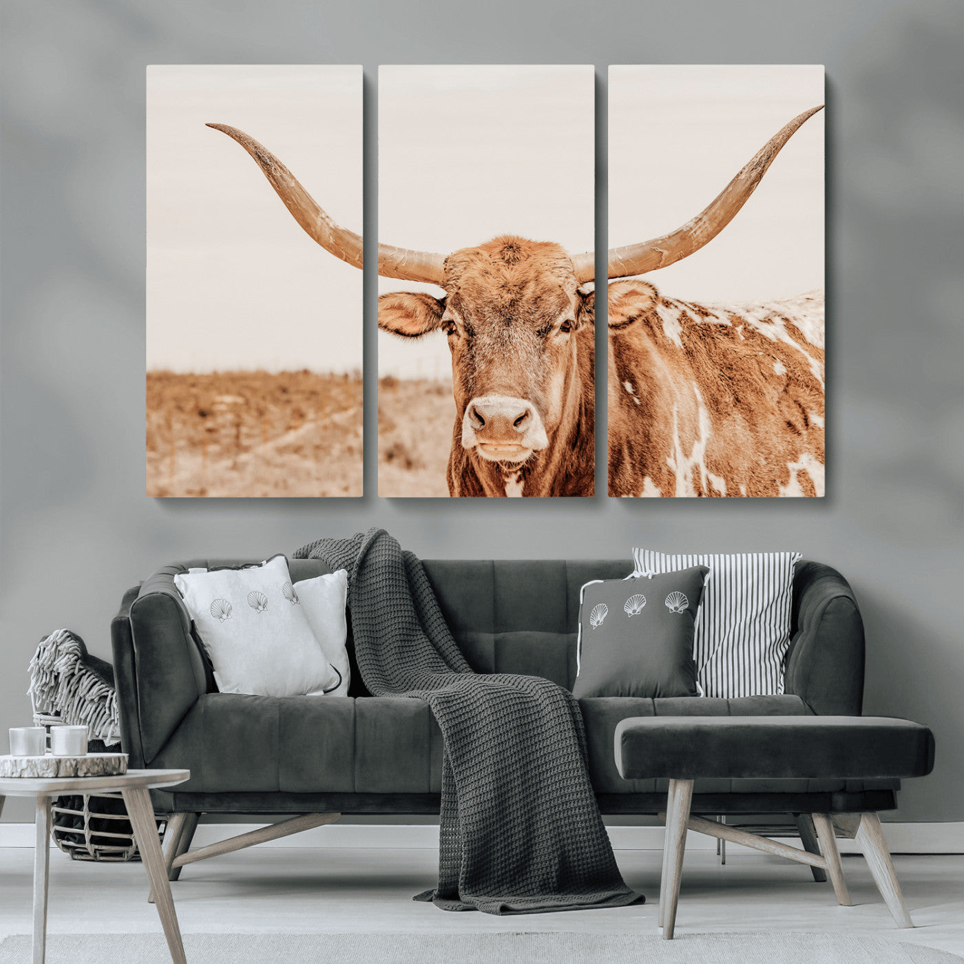MGV-CV-48X32-3P - Longhorn Bull Wall Art Canvas Print, Framed Western Cow Art Picture Print, Rustic Farmhouse Perfect Neutral Farmhouse Decor Artwork
