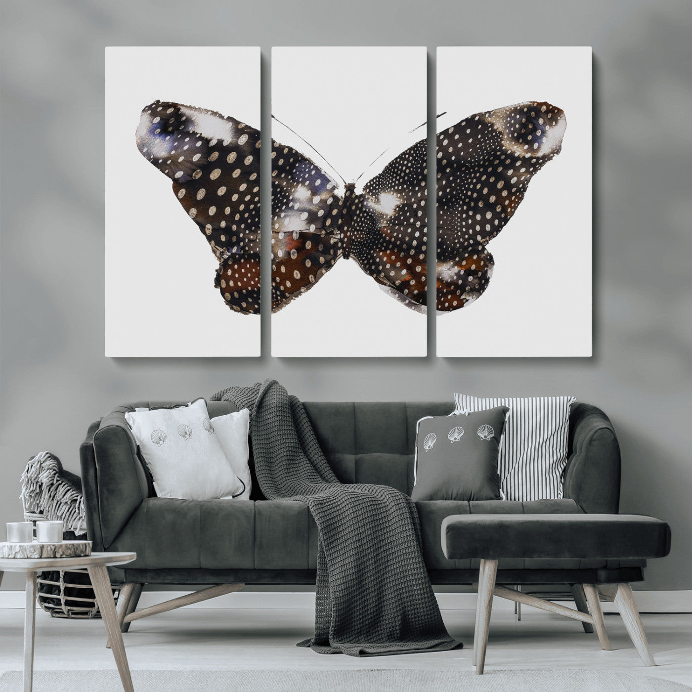 MGV-CV-48X32-3P - Spotted Butterfly Wall Art Canvas Print, Framed Neutral Insect Theme Art Picture Print, Earthy Wing Pattern Perfect Modern Rustic Decor Artwork