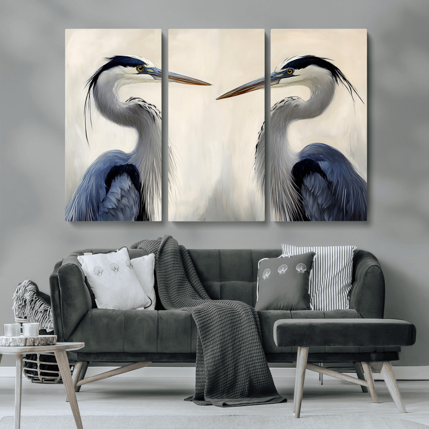MGV-CV-48X32-3P - Blue Heron Pair Wall Art Canvas Print, Framed Coastal Bird Theme Art Picture Print, Tranquil Wildlife Scene Perfect Coastal Minimalist Decor Artwork