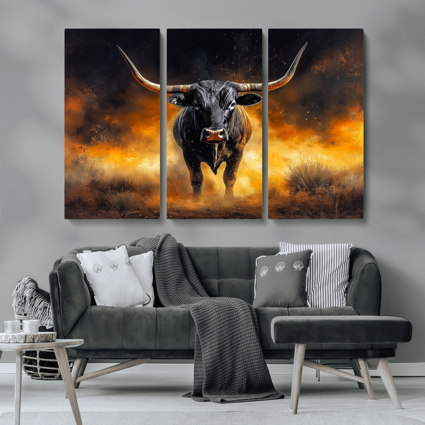 MGV-CV-48X32-3P - Longhorn Canvas Wall Art Canvas Print, Framed Bold Bull Wall Art Art Picture Print, Western Animal Decor Perfect Western Dramatic Decor Artwork
