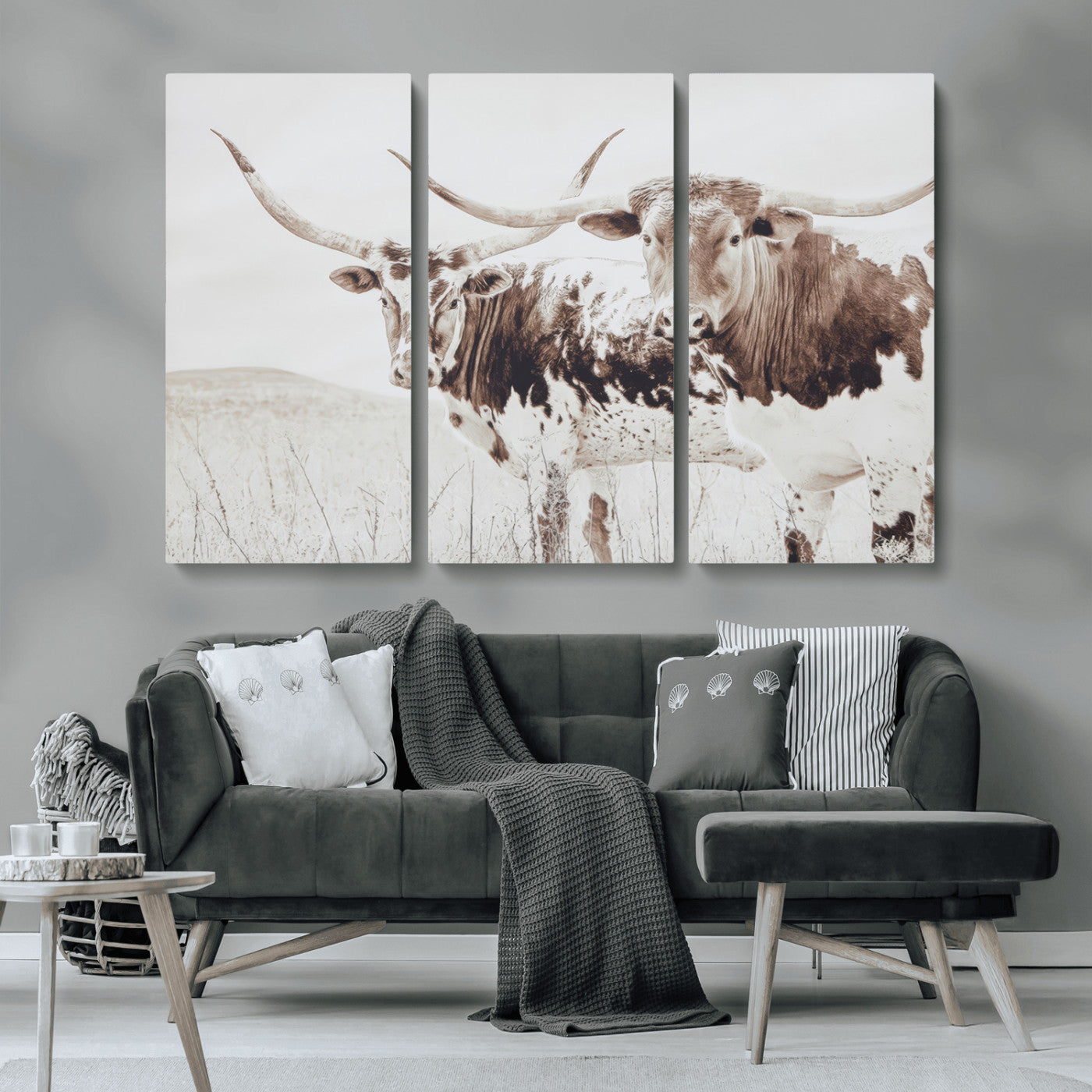 MGV-CV-48X32-3P - Longhorn Wall Art Wall Art Canvas Print, Framed Western Cow Canvas Art Picture Print, Rustic Farm Decor Perfect Rustic Farmhouse Decor Artwork