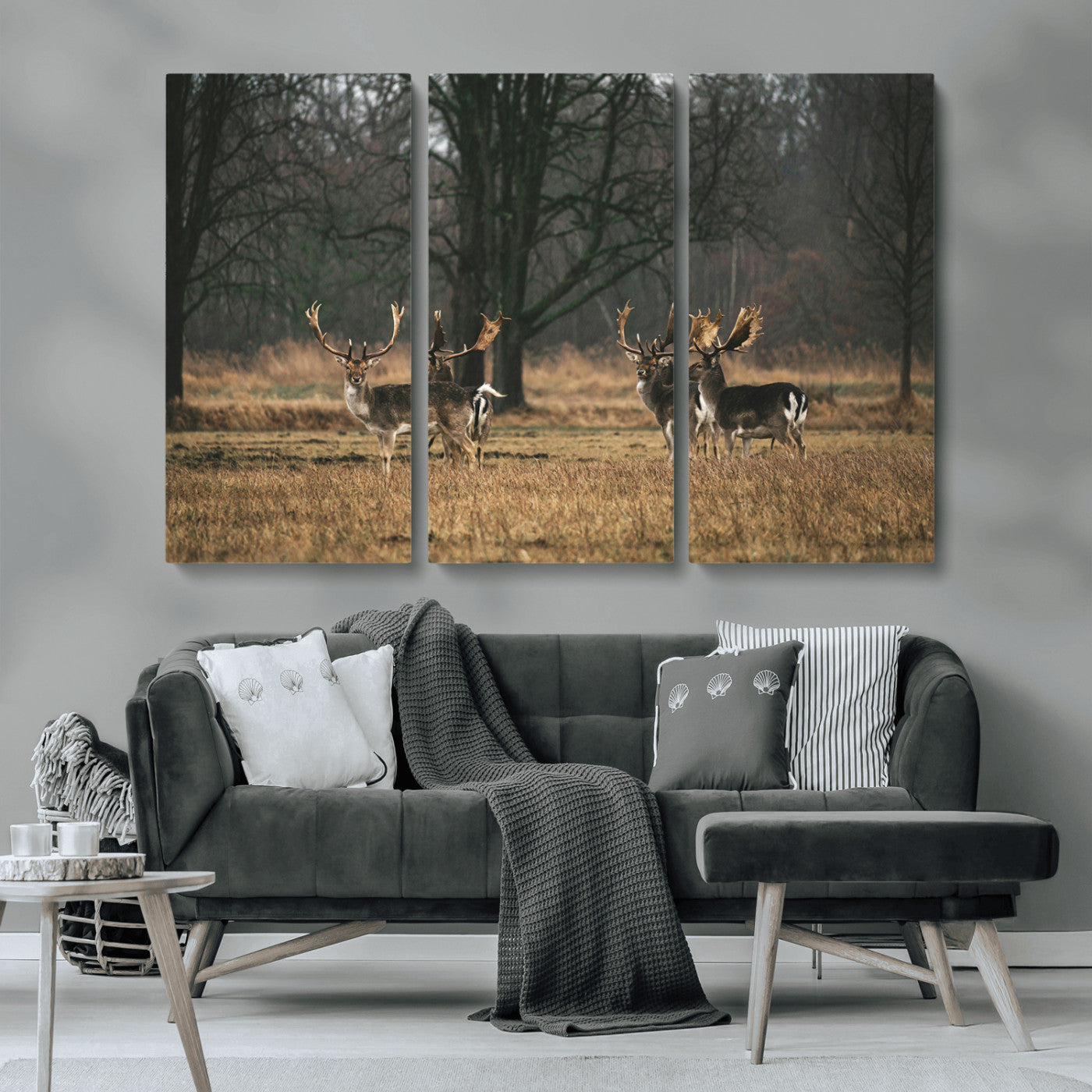 MGV-CV-48X32-3P - Deer Photography Wall Art Canvas Print, Framed Rustic Wildlife Art Picture Print, Stags In Forest Perfect Rustic Wilderness Decor Artwork