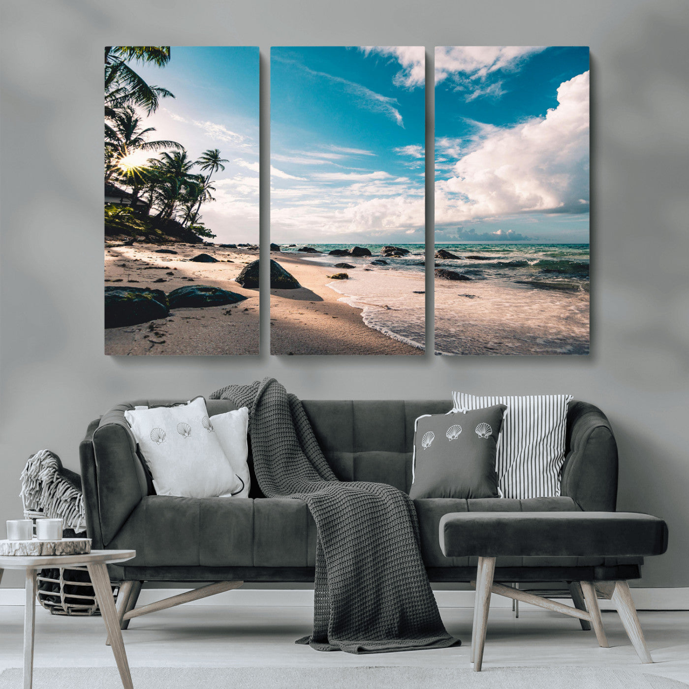 MGV-CV-48X32-3P - Tropical Beach Wall Art Canvas Print, Framed Ocean Waves Art Picture Print, Relazxing Seascape Perfect Tropical Coastal Decor Artwork