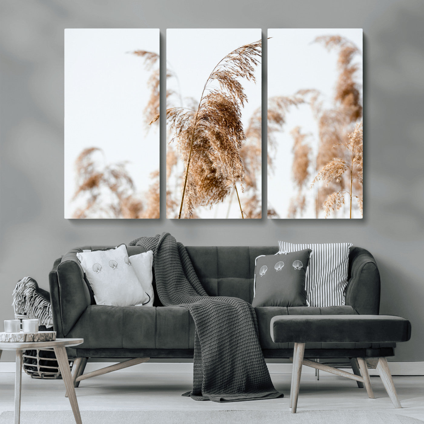 MGV-CV-48X32-3P - Pampas Grass Wall Art Canvas Print, Framed Neutral Tones Art Picture Print, Minimalist Nature Perfect Boho Decor Artwork