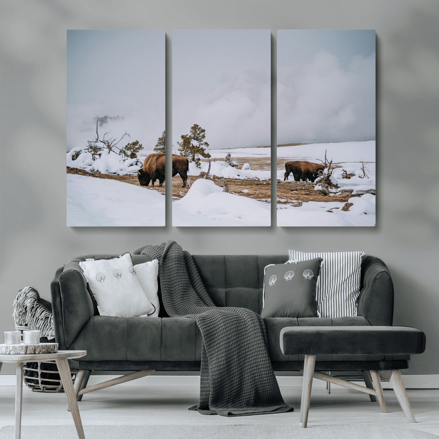 MGV-CV-48X32-3P - Bison Wildlife Wall Art Canvas Print, Framed Snowy Prairie Art Picture Print, Western Perfect Rustic Decor Artwork
