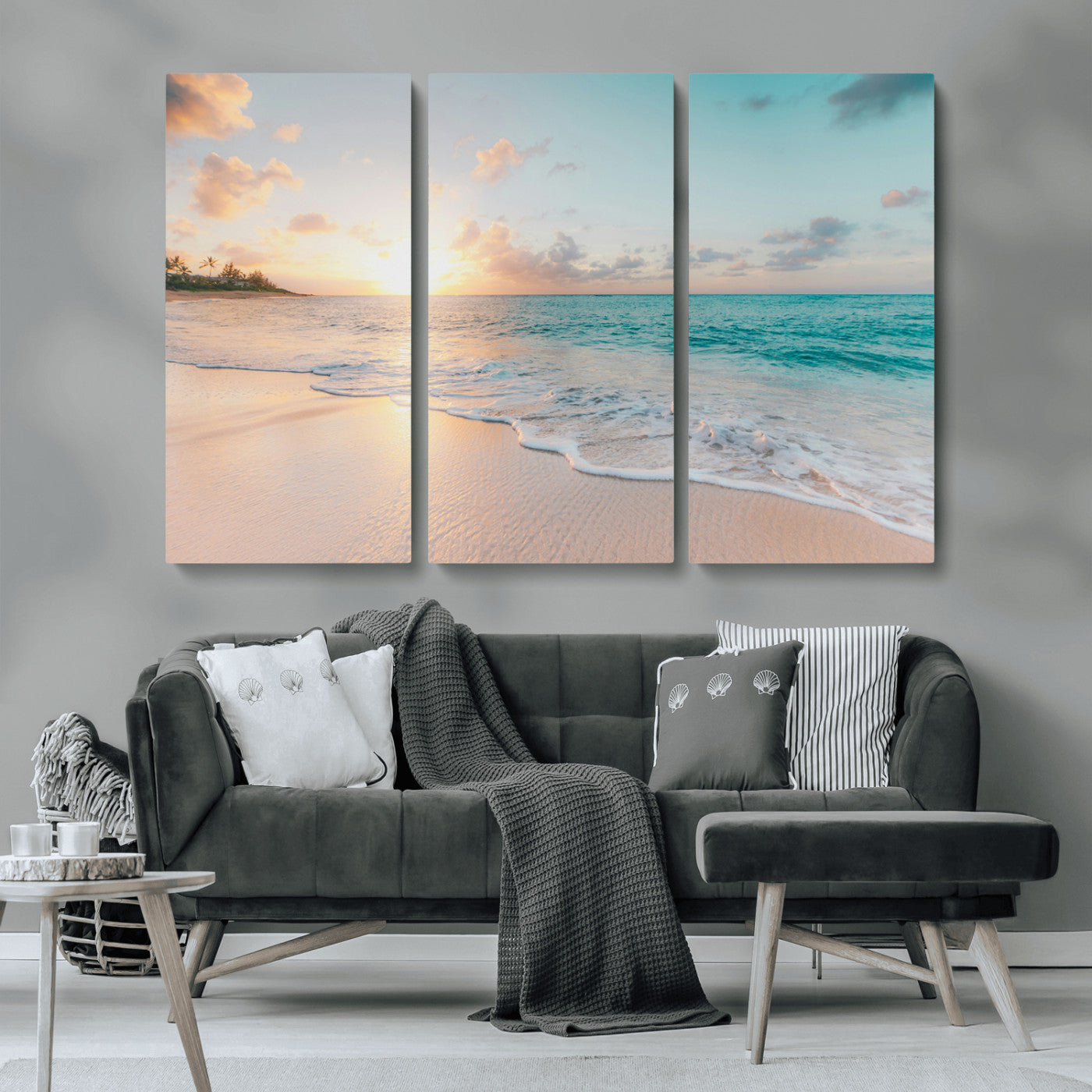 MGV-CV-48X32-3P - Beach Sunset Wall Art Canvas Print, Framed Ocean Waves Art Picture Print, Summer Escape Perfect Coastal Decor Artwork