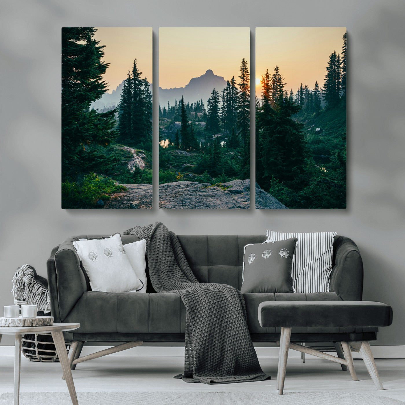 MGV-CV-48X32-3P - Mountain Wall Art Canvas Print, Framed Forest Serenity Art Picture Print, Mountain Perfect Rustic Decor Artwork