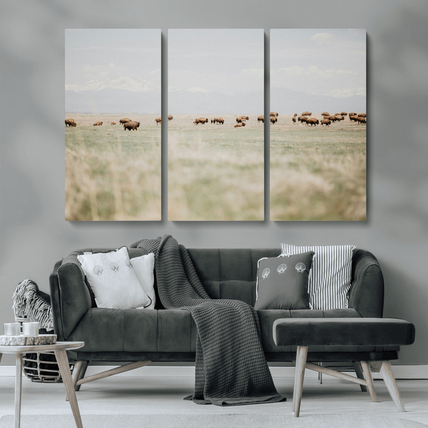 MGV-CV-48X32-3P - Bison Herd Wall Art Canvas Print, Framed Western Art Picture Print, Bison Perfect Ranch Decor Artwork