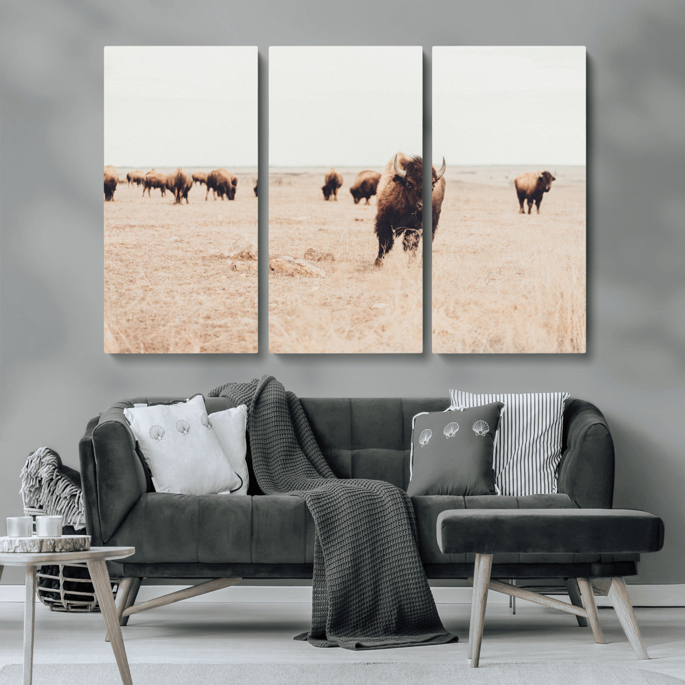 MGV-CV-48X32-3P - Bison Herd Wall Art Canvas Print, Framed Western Art Picture Print, Prairie Serenity Perfect Ranch Decor Artwork