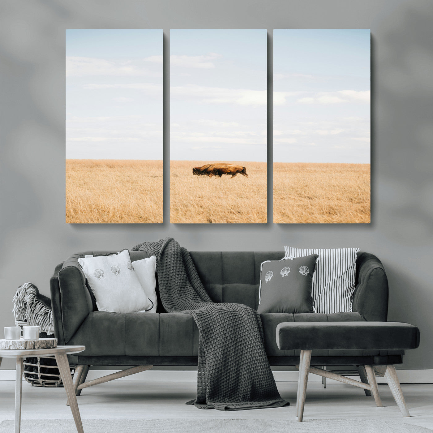 MGV-CV-48X32-3P - Minimalist Nature Wall Art Canvas Print, Framed Bison In Grassland Art Picture Print, Open Field Perfect Modern Ranch Decor Decor Artwork