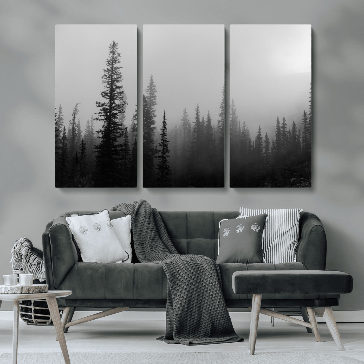 MGV-CV-48X32-3P - Misty Pines Wall Art Canvas Print, Framed Woodland Photography Art Picture Print, Minimalist Decor Perfect Rustic Decor Artwork