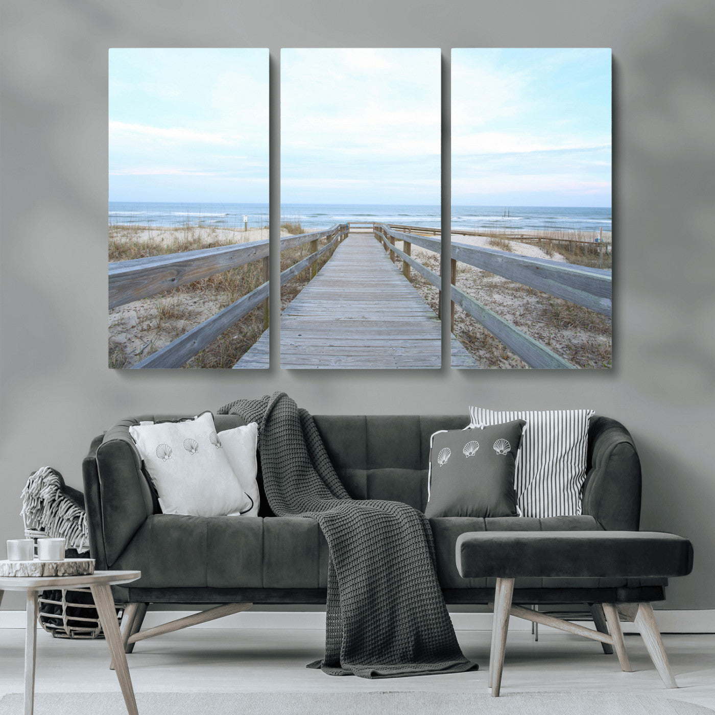 MGV-CV-48X32-3P - Beach Boardwalk Wall Art Canvas Print, Framed Coastal Serenity Art Picture Print, Ocean View Perfect Coastal Decor Artwork