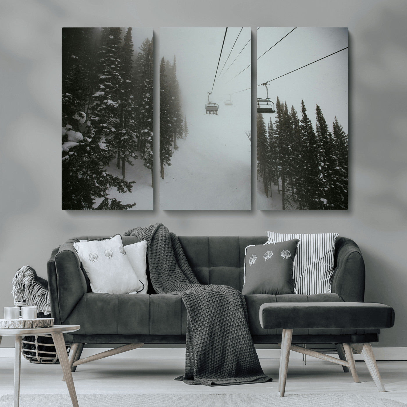 MGV-CV-48X32-3P - Ski Lift Wall Art Canvas Print, Framed Snowy Pines Art Picture Print, Misty Landscape Perfect Winter Serenity Decor Artwork