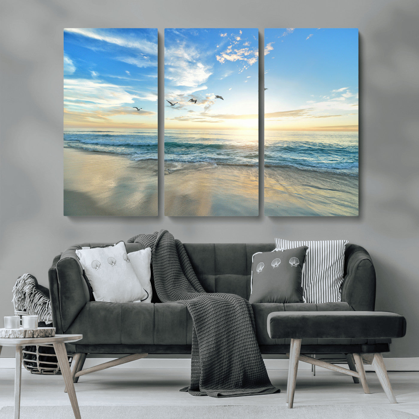 MGV-CV-48X32-3P - Minimalist Seaside Wall Art Canvas Print, Framed Morning Glow Art Picture Print, Golden Reflections Perfect Coastal Minimalist Decor Artwork