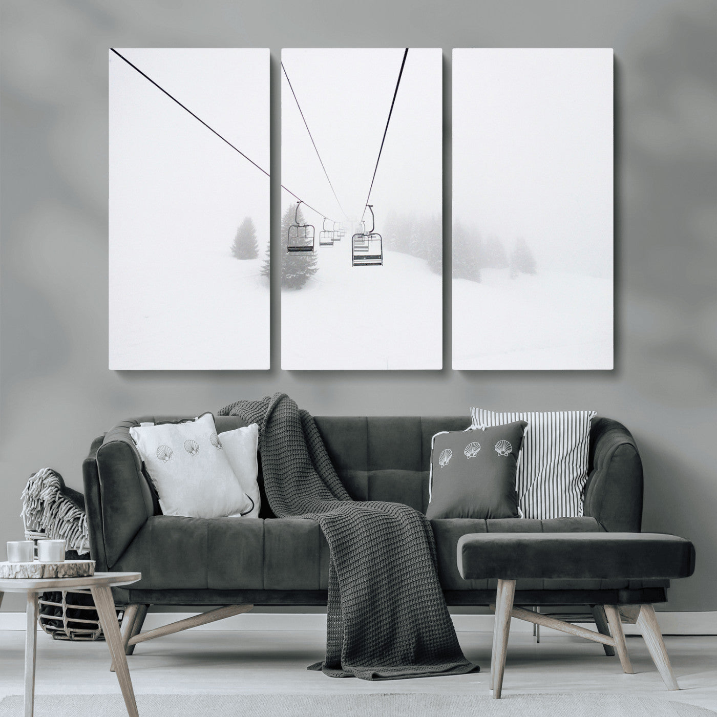MGV-CV-48X32-3P - Ski Lift Wall Art Canvas Print, Framed Snowy Landscape Art Picture Print, Alpine Adventure Perfect Nordic Minimalist Decor Artwork