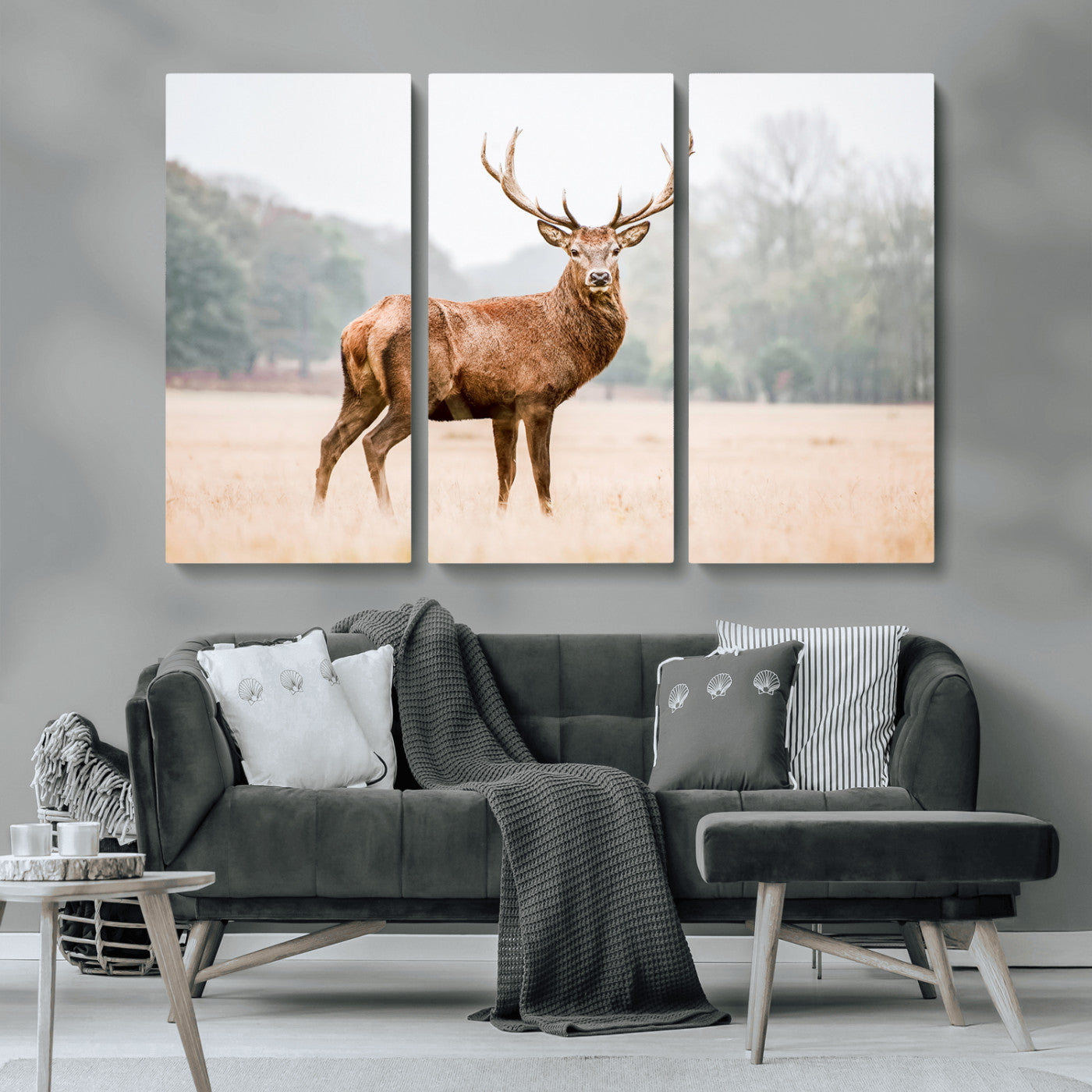 MGV-CV-48X32-3P - Vintage Wildlife Art Wall Art Canvas Print, Framed Misty Landscape Art Picture Print, Deer Wall Art Perfect Rustic Wildlife Decor Artwork