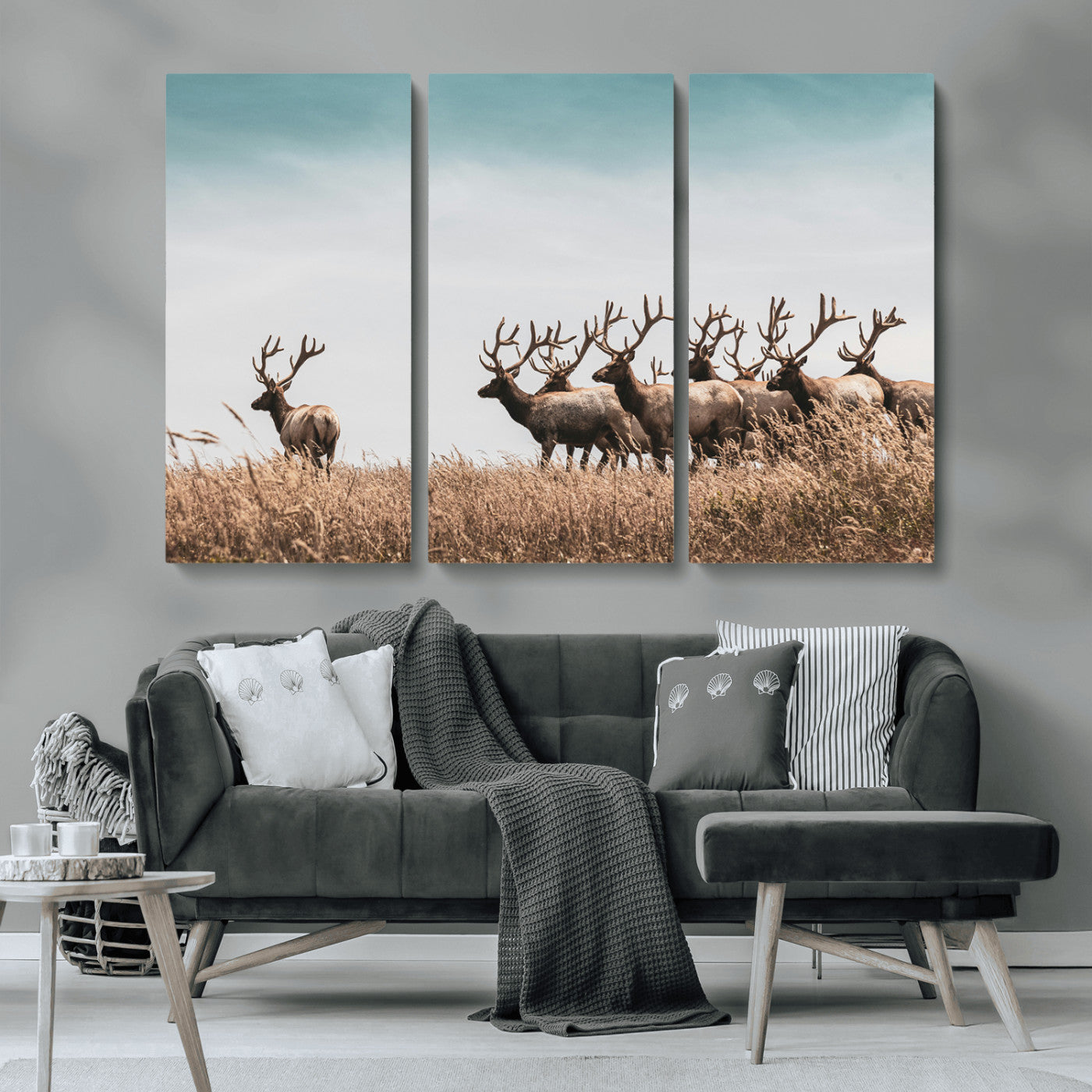 MGV-CV-48X32-3P - Elk Herd Wall Art Canvas Print, Framed Wildlife Photography Art Picture Print, Rustic Nature Print Perfect Rustic Wildlife Decor Artwork