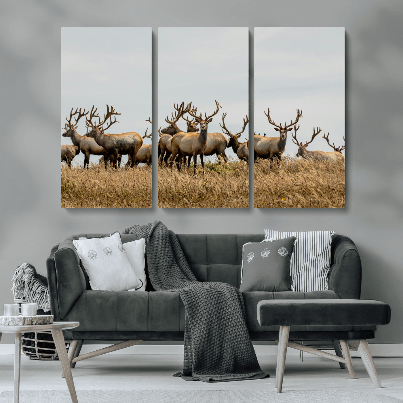MGV-CV-48X32-3P - Elk Herd Wall Art Canvas Print, Framed Wildlife Photography Art Picture Print, Majestic Antlers Perfect Rustic Wildlife Decor Artwork