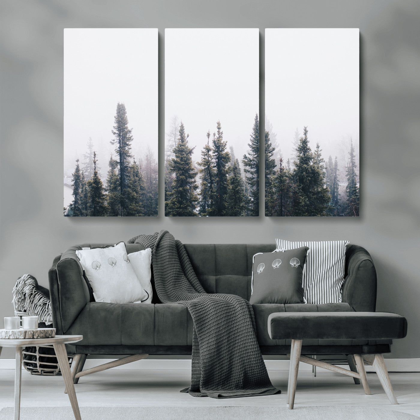 MGV-CV-48X32-3P - Foggy Forest Wall Art Canvas Print, Framed Misty Pines Art Picture Print, Moody Woodland Perfect Scandinavian Minimalist Decor Artwork