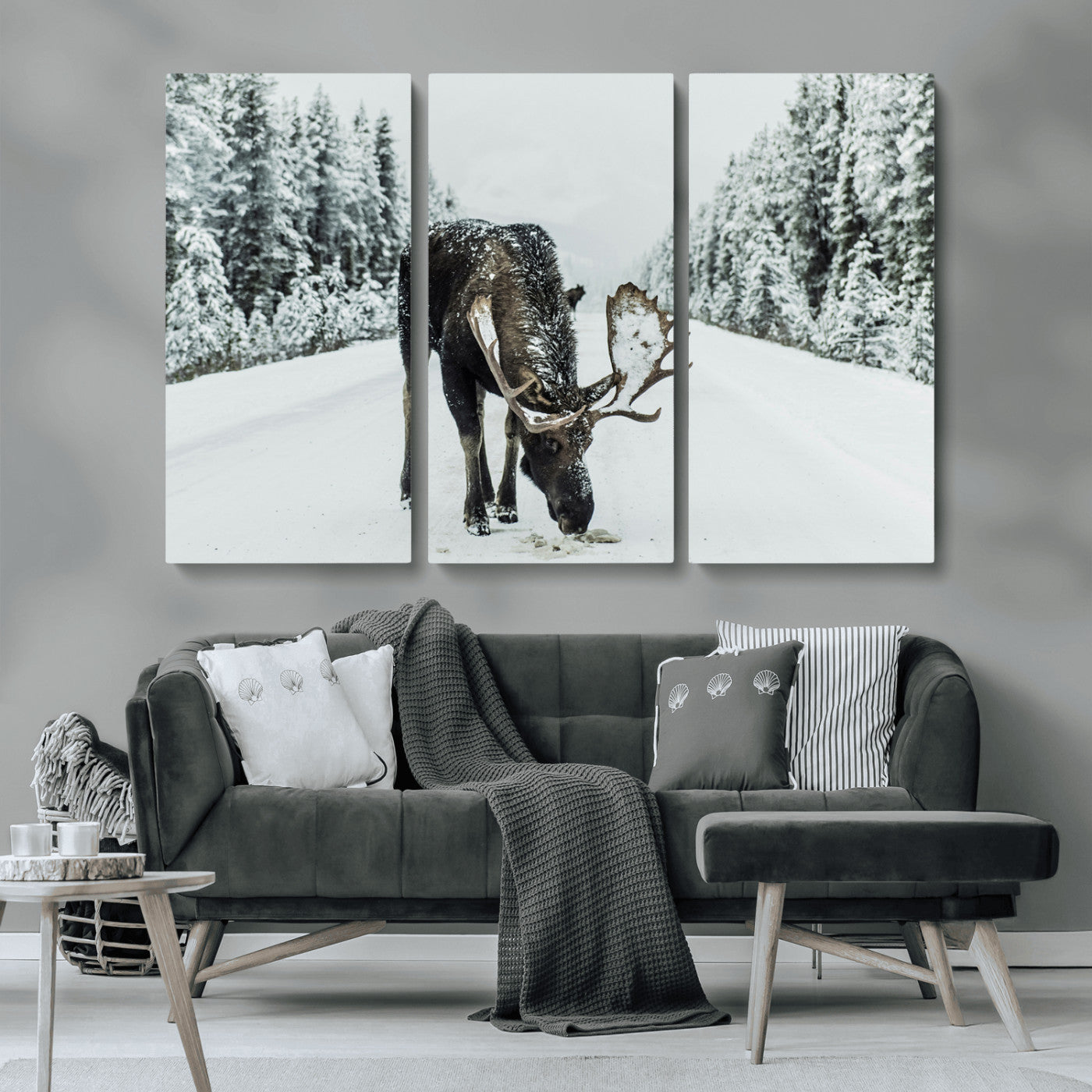 MGV-CV-48X32-3P - Moose in Snow Wall Art Canvas Print, Framed Winter Wildlife Art Picture Print, Snowy Forest Scene Perfect Rustic Lodge Decor Artwork