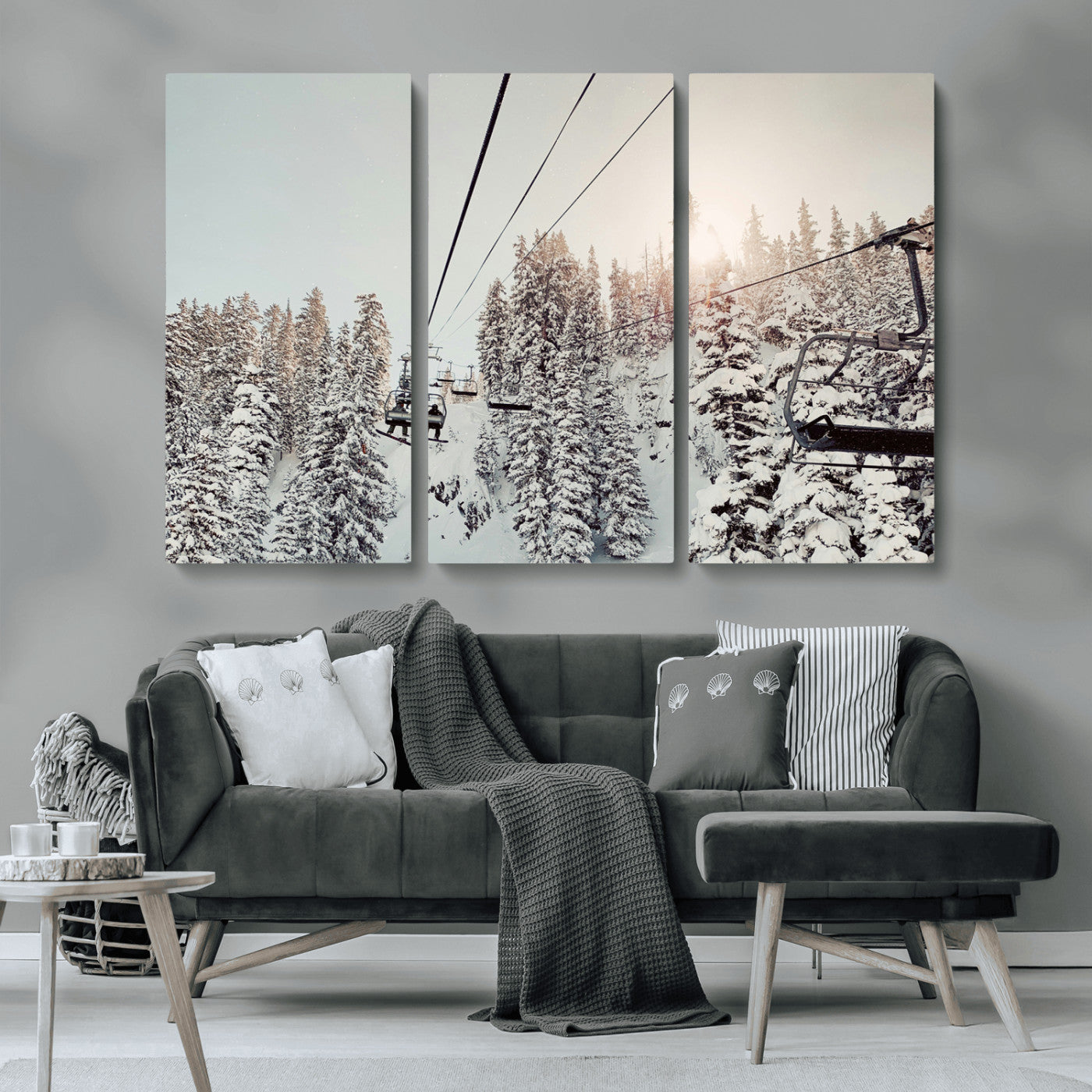 MGV-CV-48X32-3P - Frosty Pines Wall Art Canvas Print, Framed Cozy Cabin View Art Picture Print, Ski Lift Ride Perfect Rustic Lodge Decor Artwork