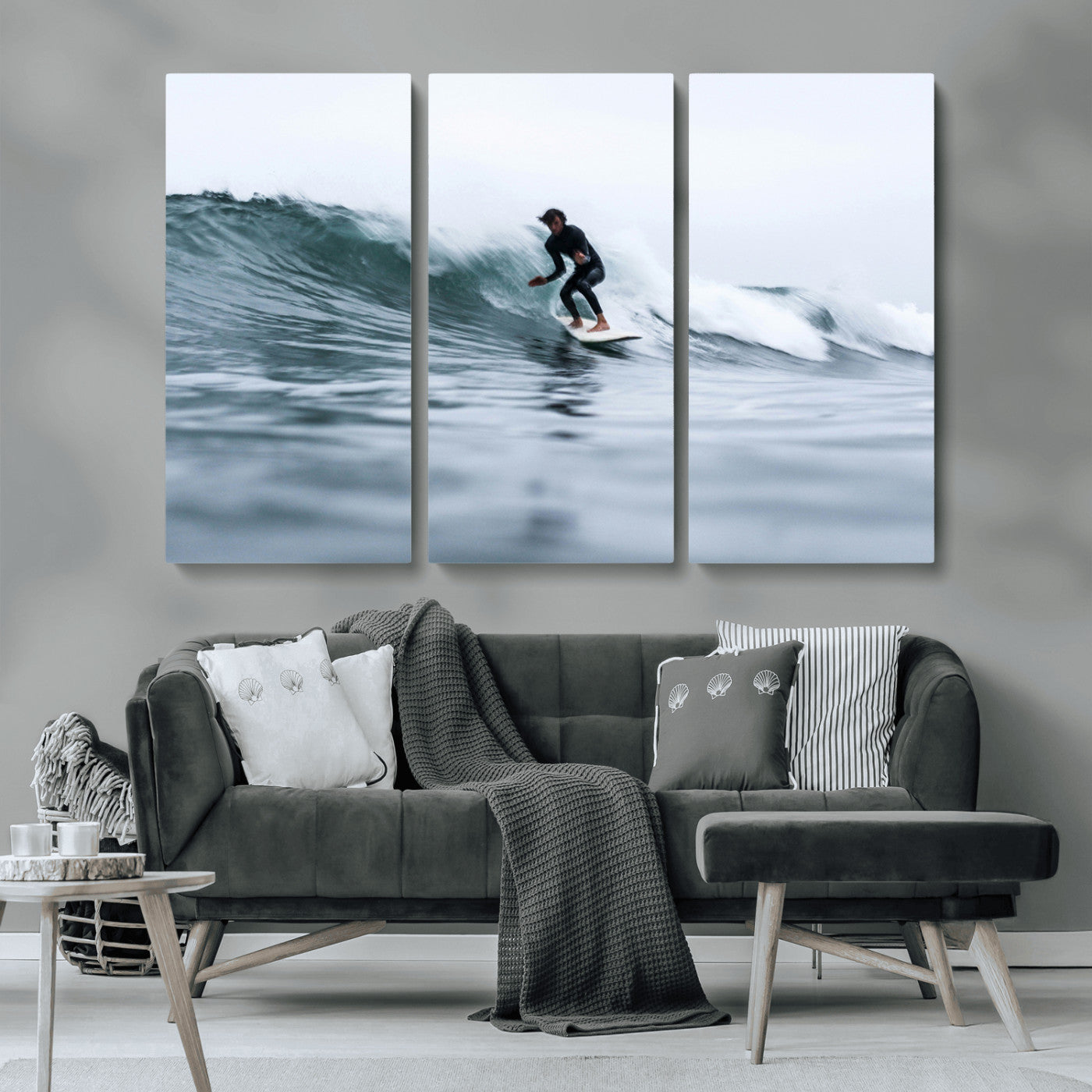 MGV-CV-48X32-3P - Surfer on Wave Wall Art Canvas Print, Framed Ocean Adventure Art Picture Print, Motion Blur Water Perfect Coastal Adventure Decor Artwork