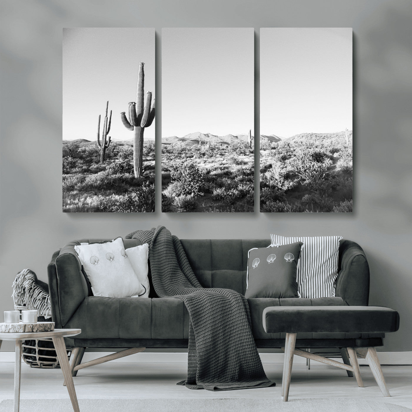 MGV-CV-48X32-3P - Saguaro Cactus Wall Art Canvas Print, Framed Monochrome Landscape Art Picture Print, Scenic Arizona View Perfect Minimalist Western Decor Artwork