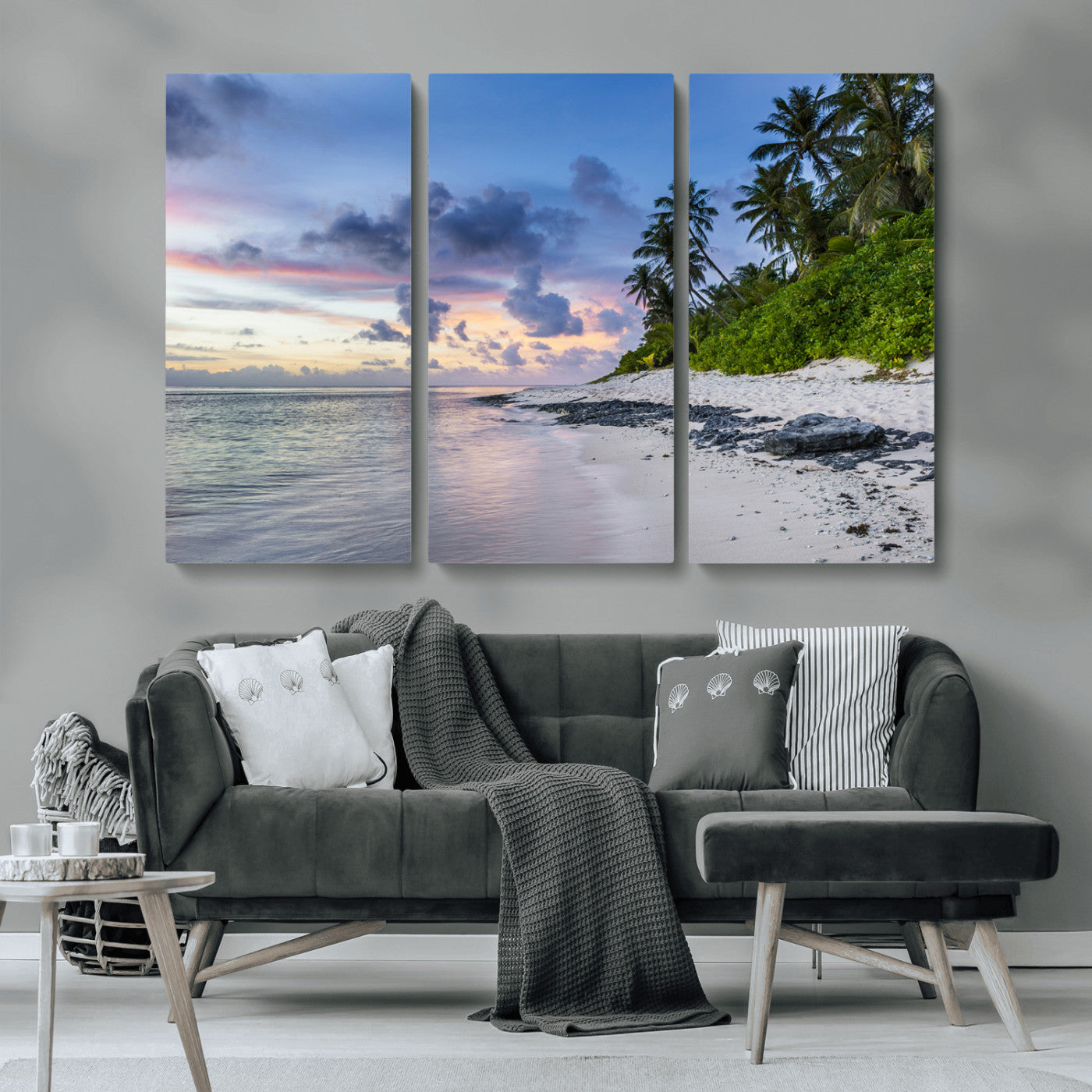 MGV-CV-48X32-3P - Tropical Beach Wall Art Canvas Print, Framed Sunset Glow Art Picture Print, Palm Tree Coast Perfect Tropical Coastal Decor Artwork