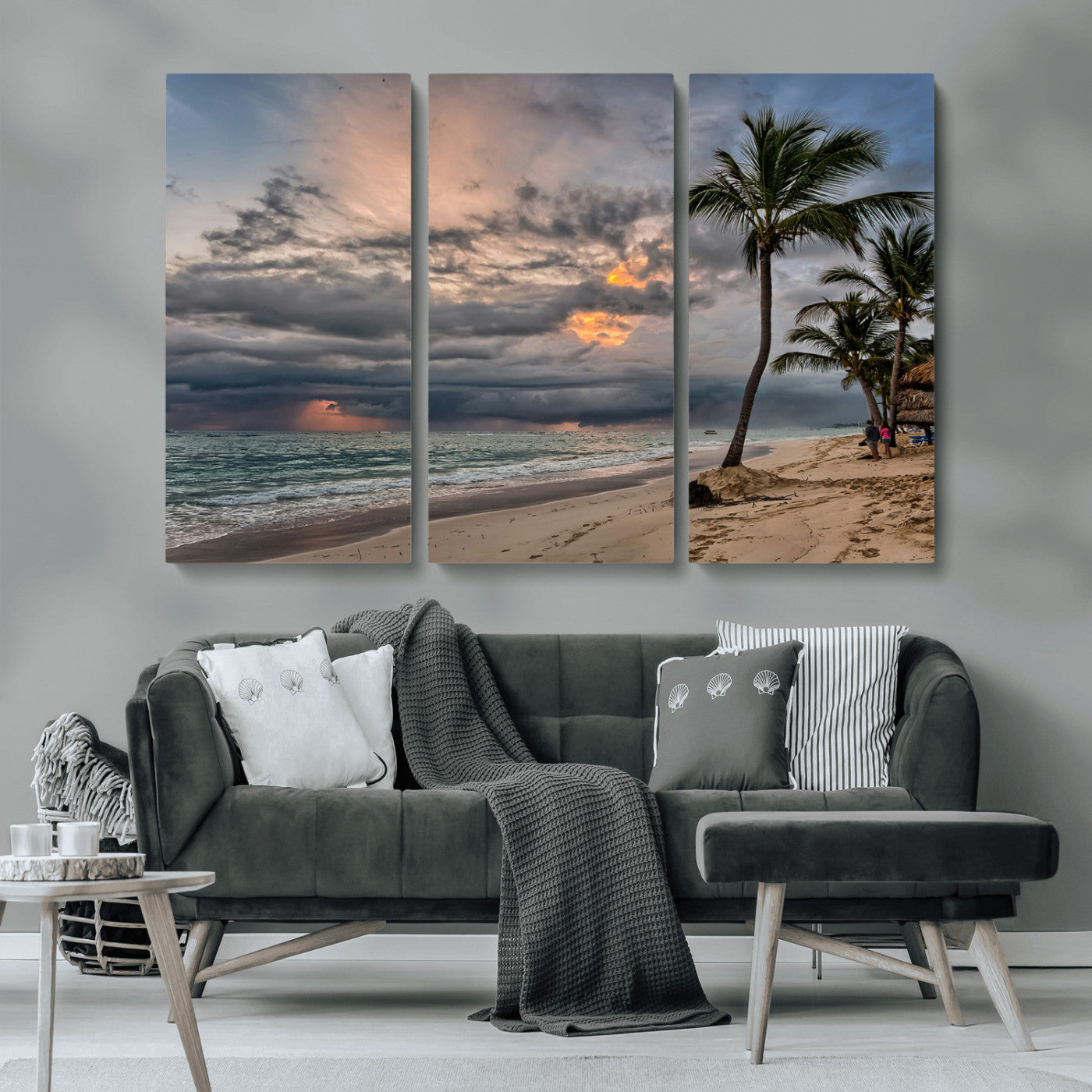 MGV-CV-48X32-3P - Tropical Storm Wall Art Canvas Print, Framed Moody Beach Art Picture Print, Dramatic Sky Perfect Tropical Coastal Decor Artwork