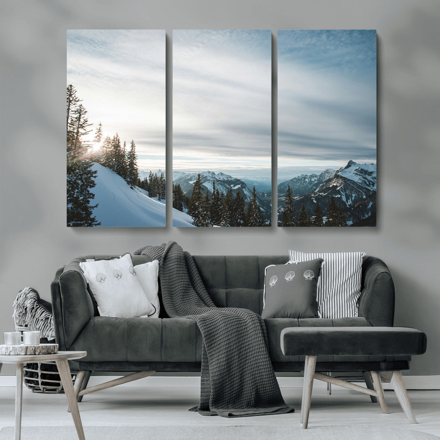 MGV-CV-48X32-3P - Snowy Mountains Wall Art Canvas Print, Framed Alpine Landscape Art Picture Print, Frosty Peaks Perfect Nordic Minimalist Decor Artwork