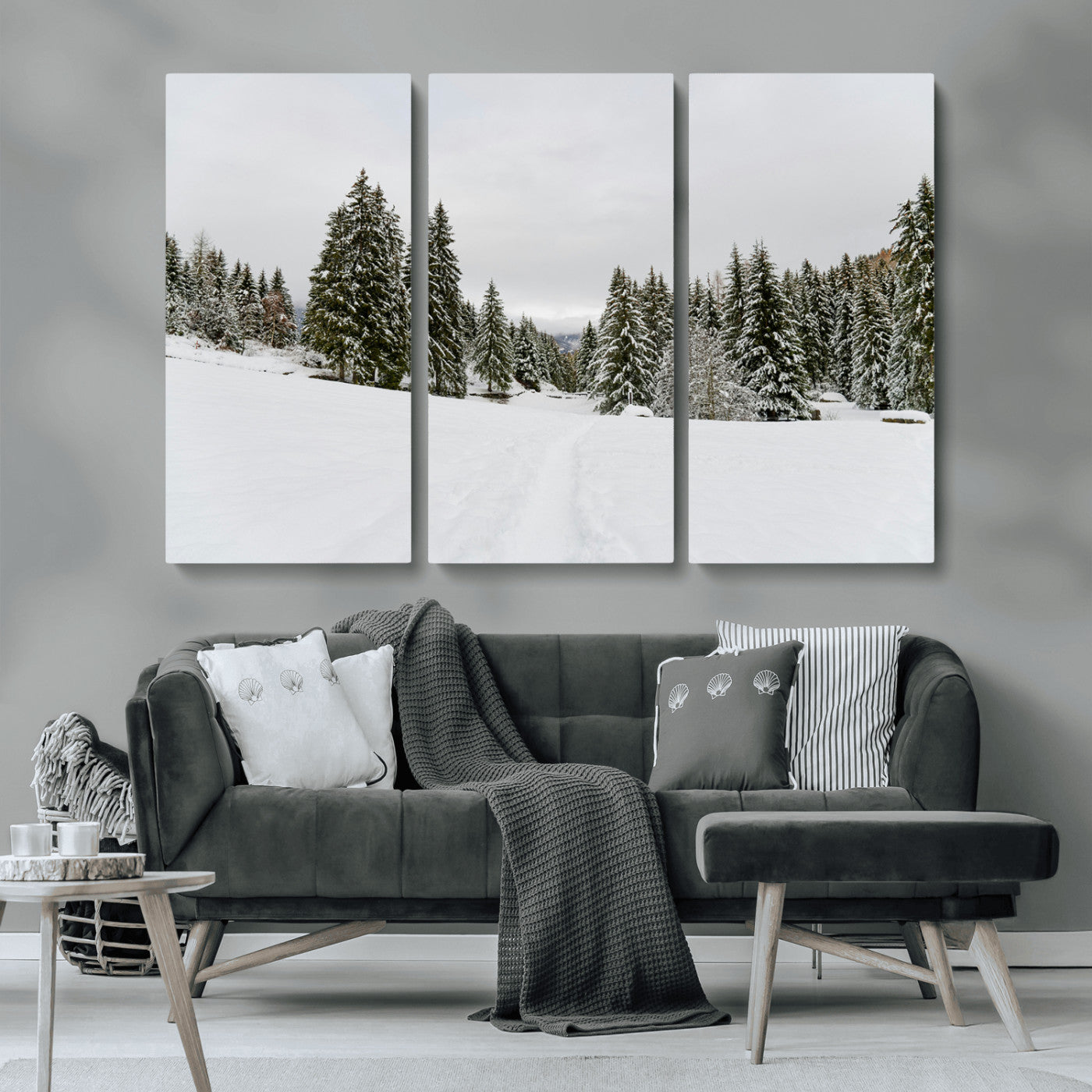 MGV-CV-48X32-3P - Frosty Pines Wall Art Canvas Print, Framed Silent Snowfall Art Picture Print, Cozy Cabin Vibes Perfect Nordic Minimalist Decor Artwork