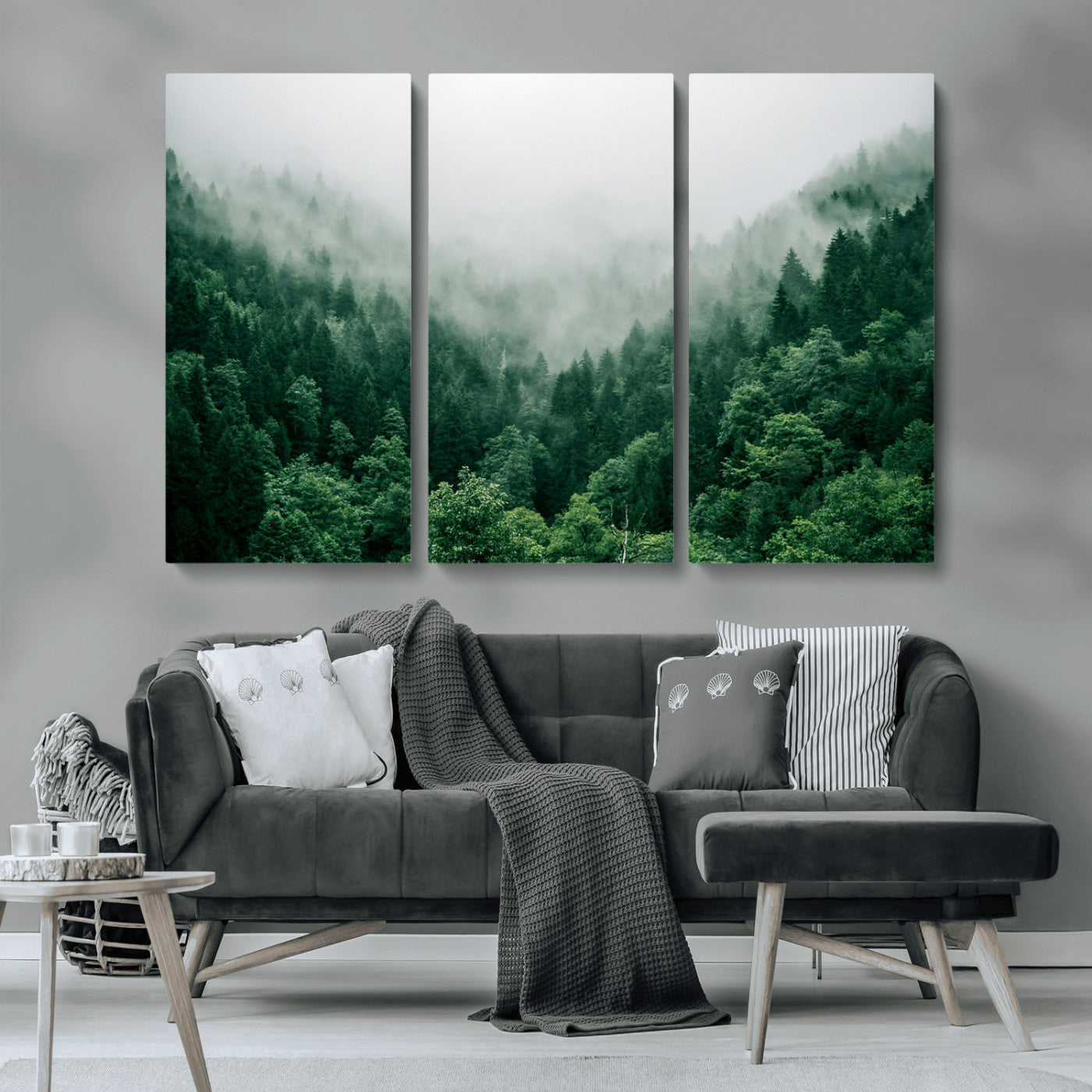MGV-CV-48X32-3P - Misty Green Forest Canvas Print – Serene Foggy Pine Landscape Wall Art, Tranquil Nature Decor for